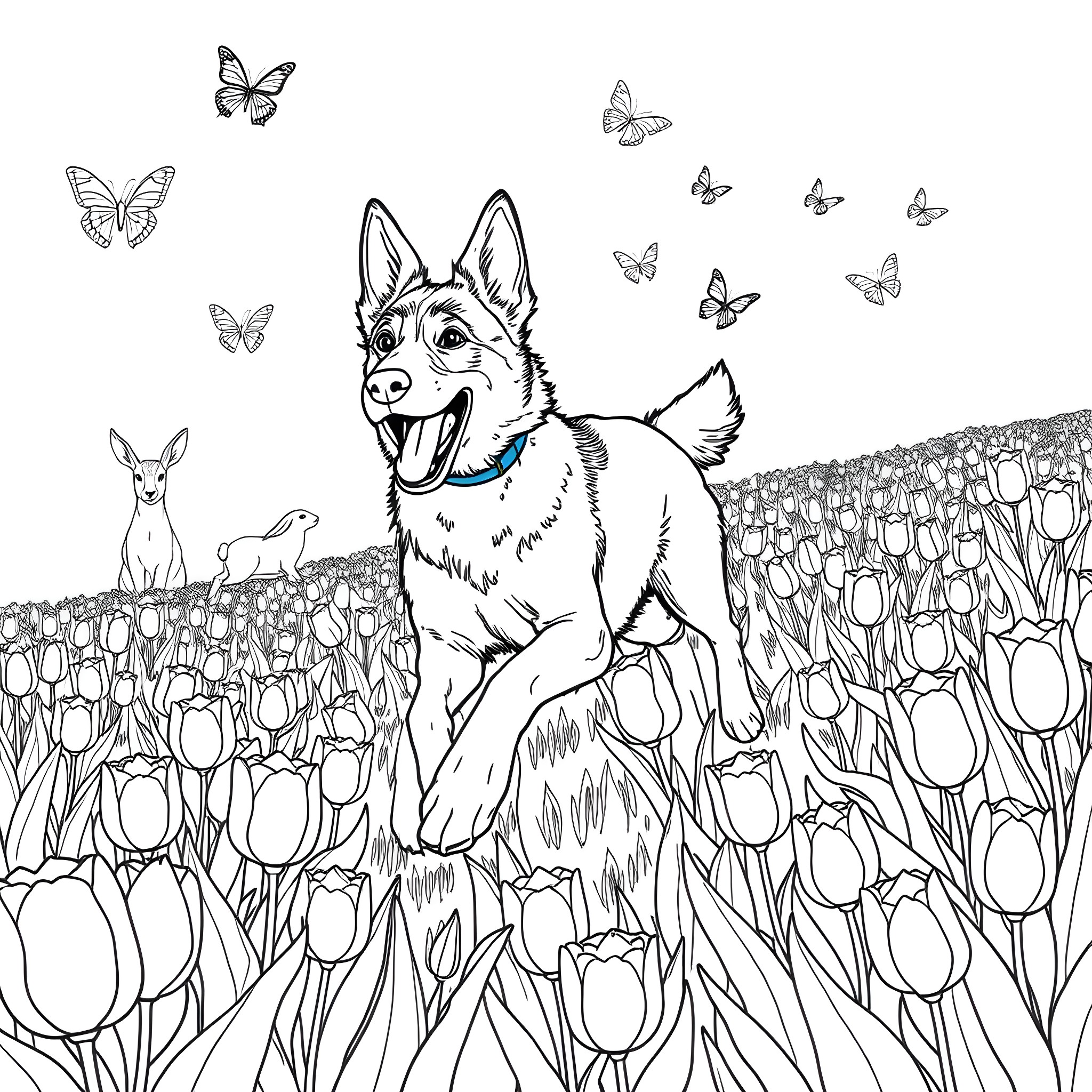 Norwegian Elkhound playing joyfully in a tulip field Coloring Page (free black-and-white line drawing printable PDF for all, from beginners to advanced learners, including children, teens, adults, and seniors)