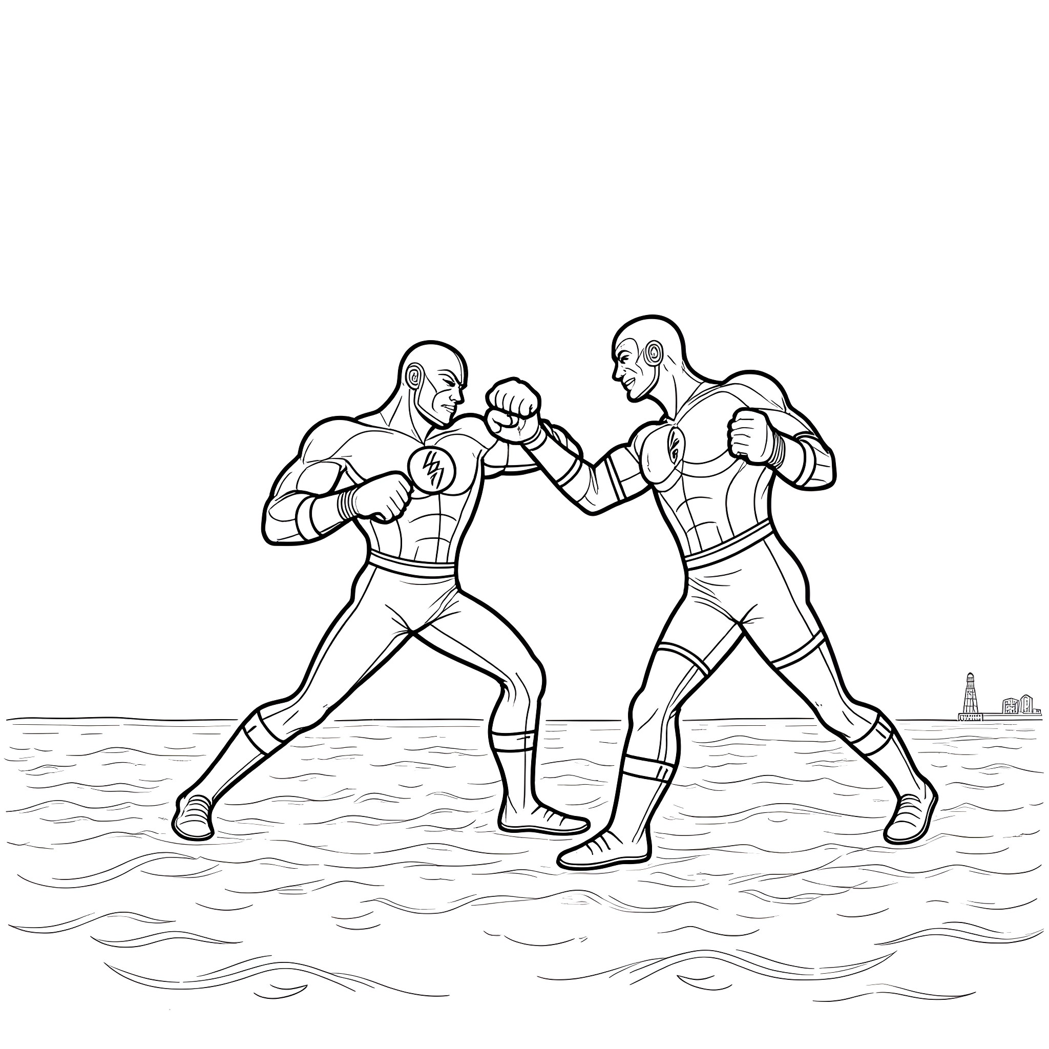 Flash Boxing Match on the Beach Coloring Page (free black-and-white line drawing printable PDF for all, from beginners to advanced learners, including children, teens, adults, and seniors)