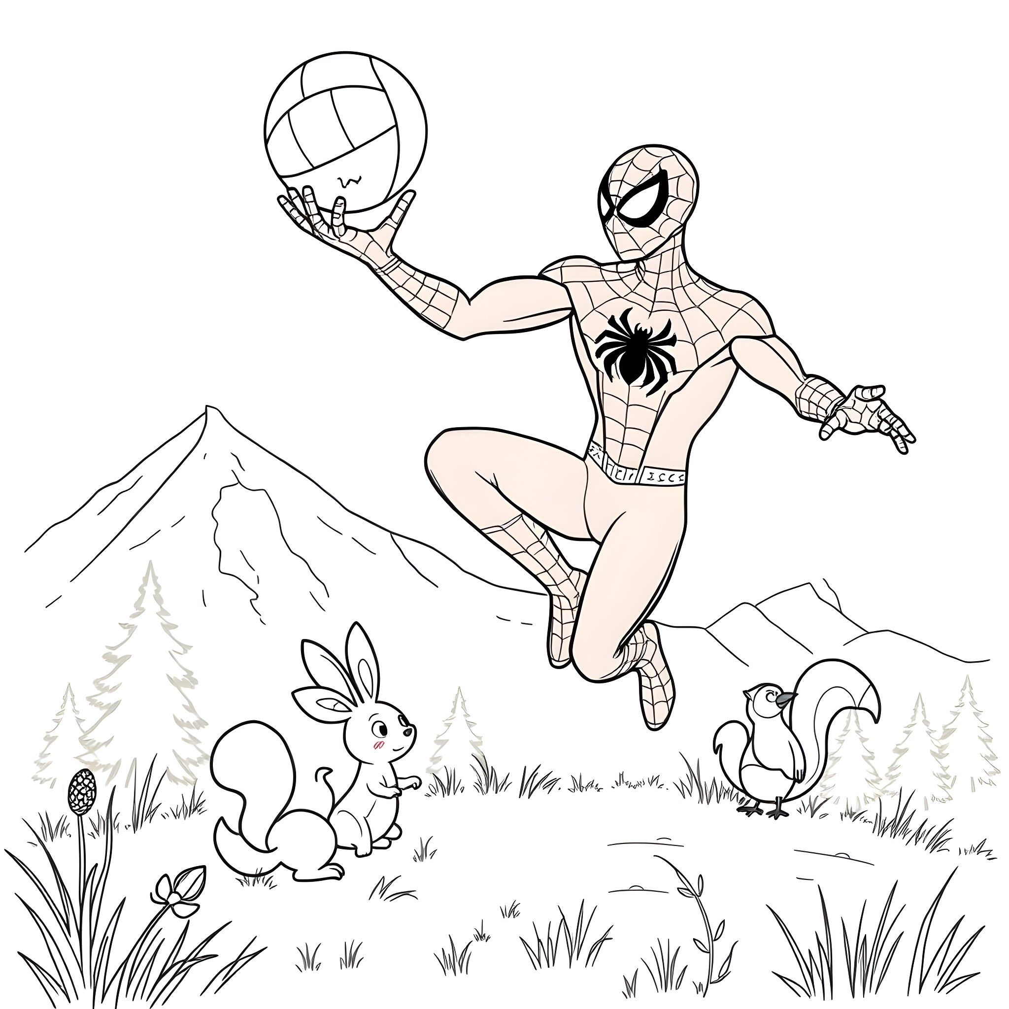 Spider-Man swinging through nature with animals Coloring Page (free black-and-white line drawing printable PDF for all, from beginners to advanced learners, including children, teens, adults, and seniors)