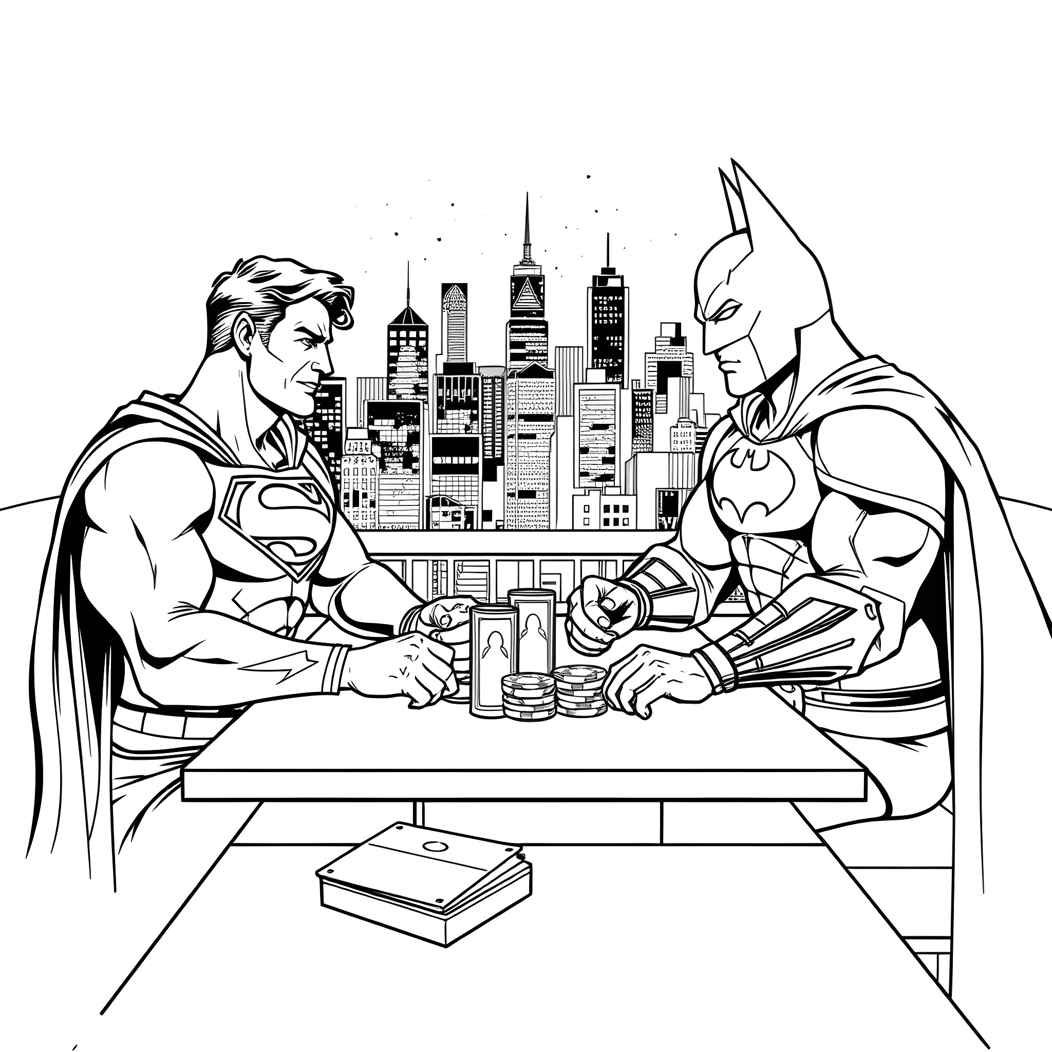 Superman and Batman discuss plans in front of city skyline Coloring Page (free black-and-white line drawing printable PDF for all, from beginners to advanced learners, including children, teens, adults, and seniors)