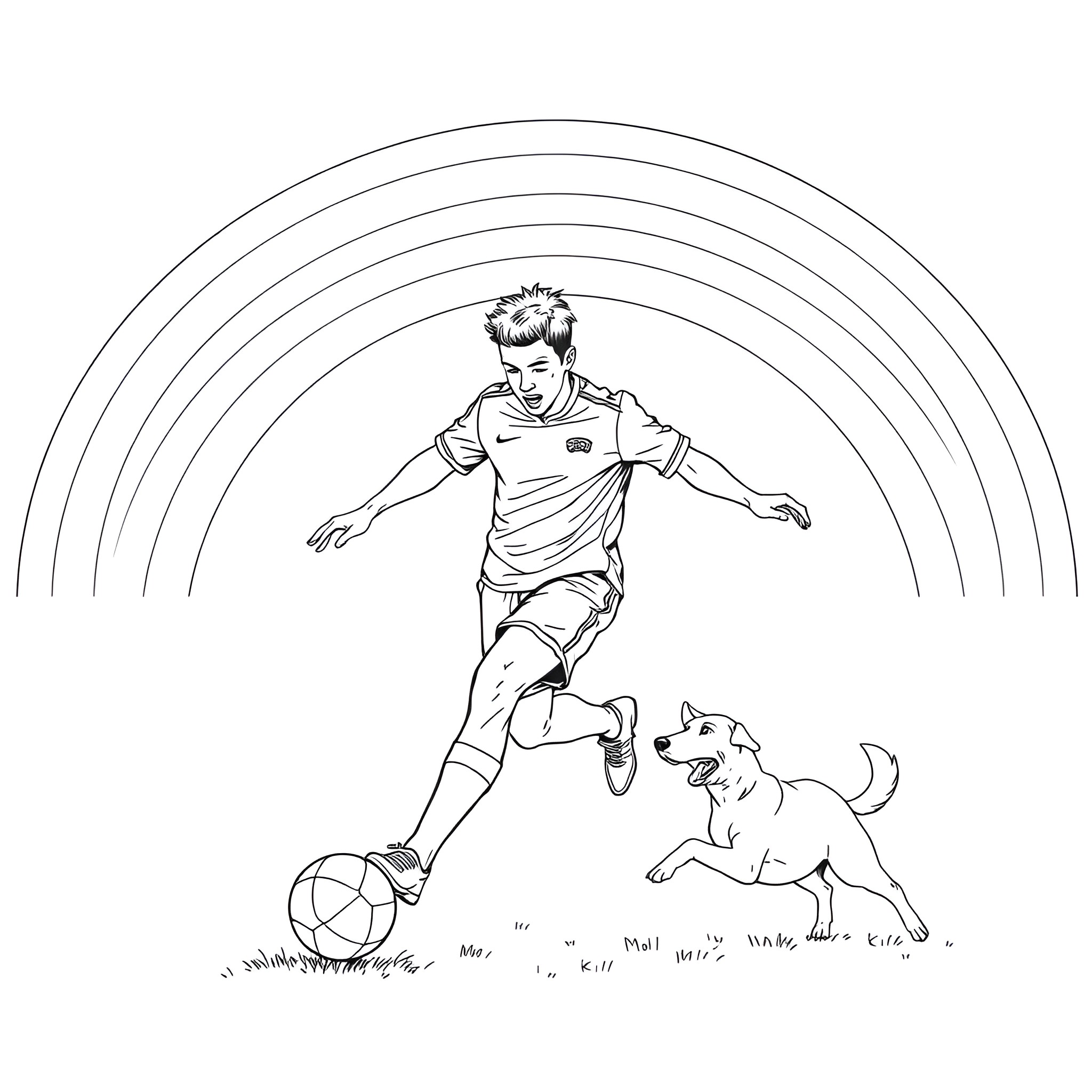 Soccer Player Dribbling with Energetic Dog Coloring Page (free black-and-white line drawing printable PDF for all, from beginners to advanced learners, including children, teens, adults, and seniors)