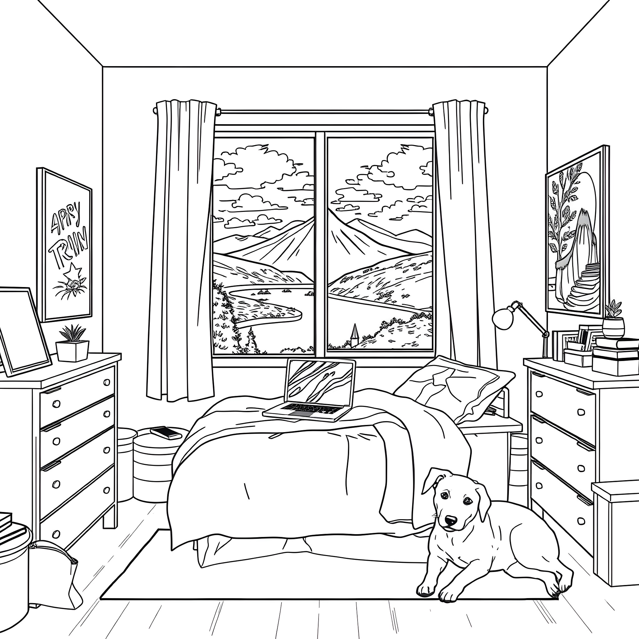 Boy's cozy bedroom with a dog and scenic view Coloring Page (free black-and-white line drawing printable PDF for all, from beginners to advanced learners, including children, teens, adults, and seniors)