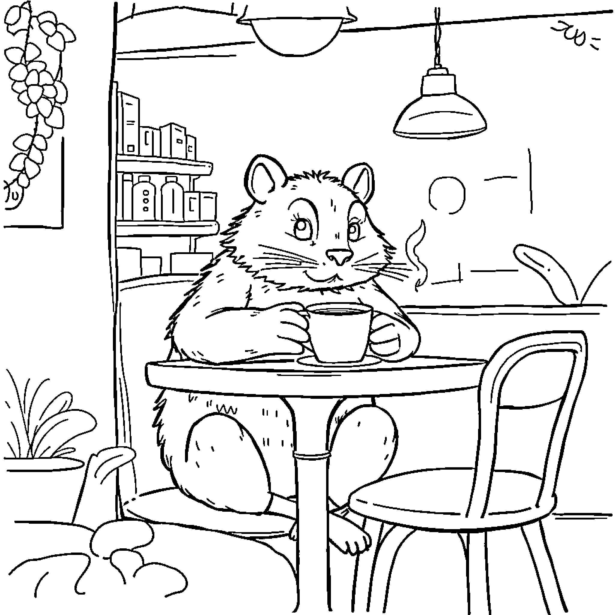 Rottemink enjoying a cozy cafe in black and white Coloring Page (free black-and-white line drawing printable PDF for all, from beginners to advanced learners, including children, teens, adults, and seniors)