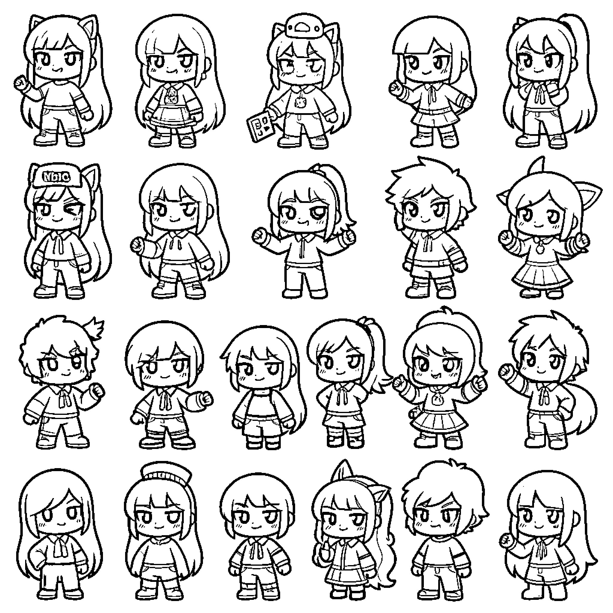 FNF Chibi-Style Character Expressions and Outfits Coloring Page (free black-and-white line drawing printable PDF for all, from beginners to advanced learners, including children, teens, adults, and seniors)