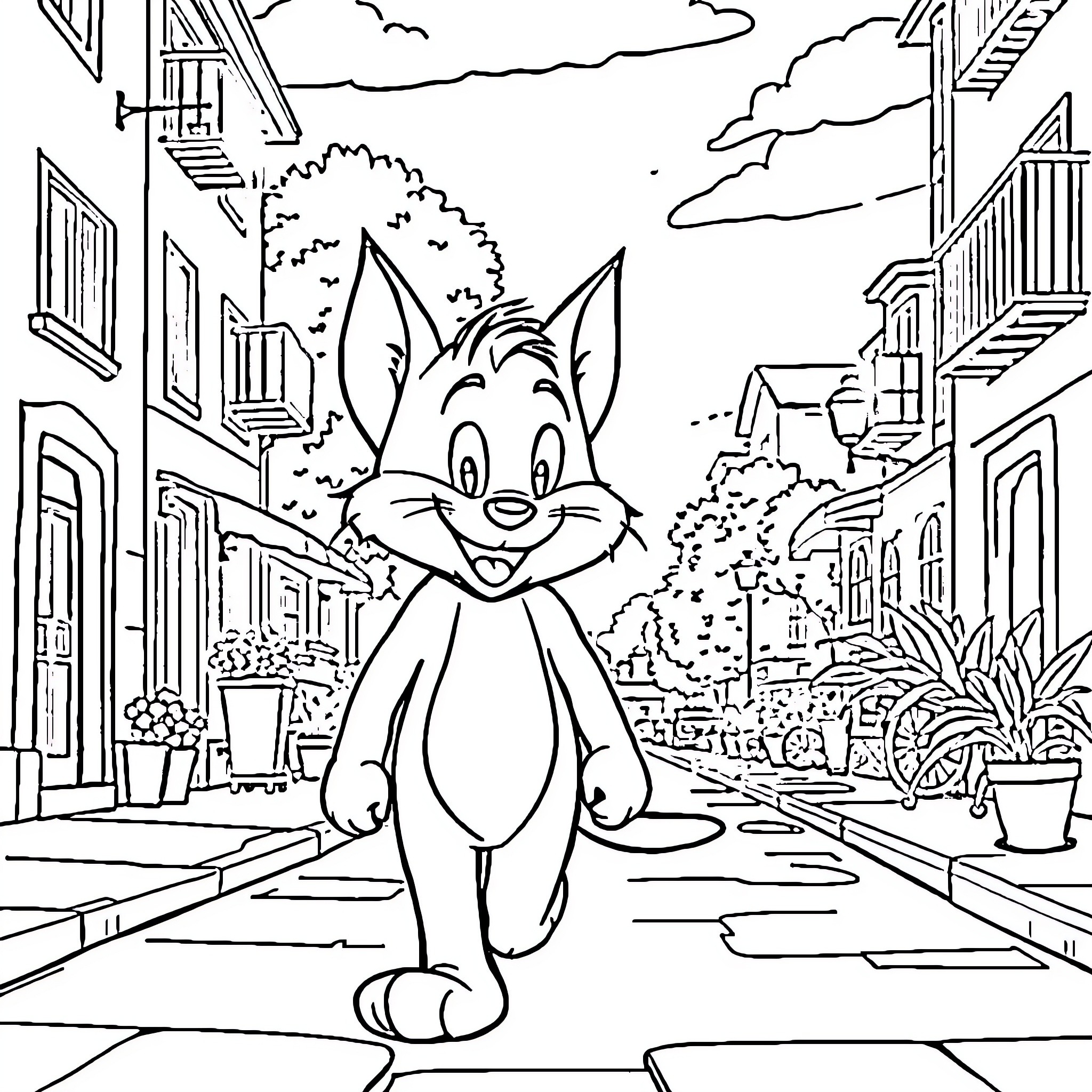 Tom the Cartoon Cat Explores the Town Coloring Page (free black-and-white line drawing printable PDF for all, from beginners to advanced learners, including children, teens, adults, and seniors)