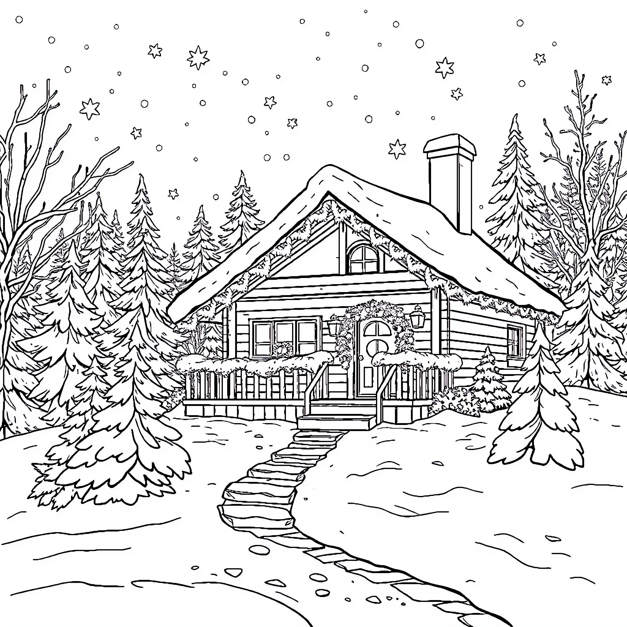 Chalet in a Snowy Winter Landscape Coloring Page (free black-and-white line drawing printable PDF for all, from beginners to advanced learners, including children, teens, adults, and seniors)