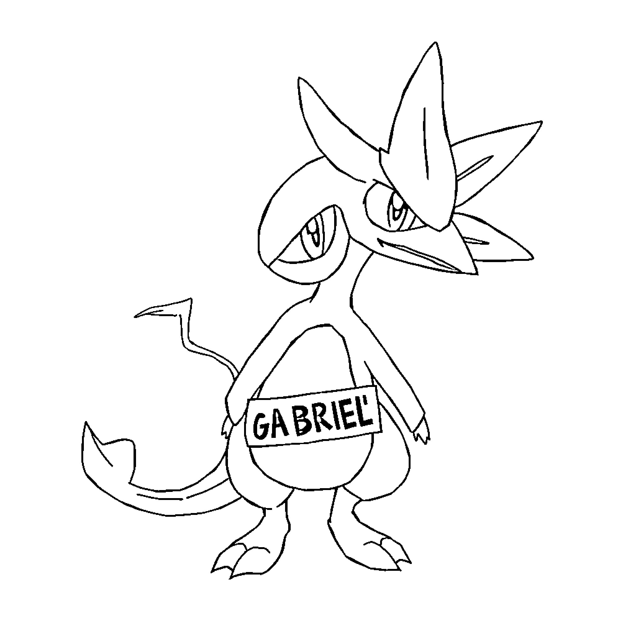 Greninja with name tag 'Gabriel' Coloring Page (free black-and-white line drawing printable PDF for all, from beginners to advanced learners, including children, teens, adults, and seniors)