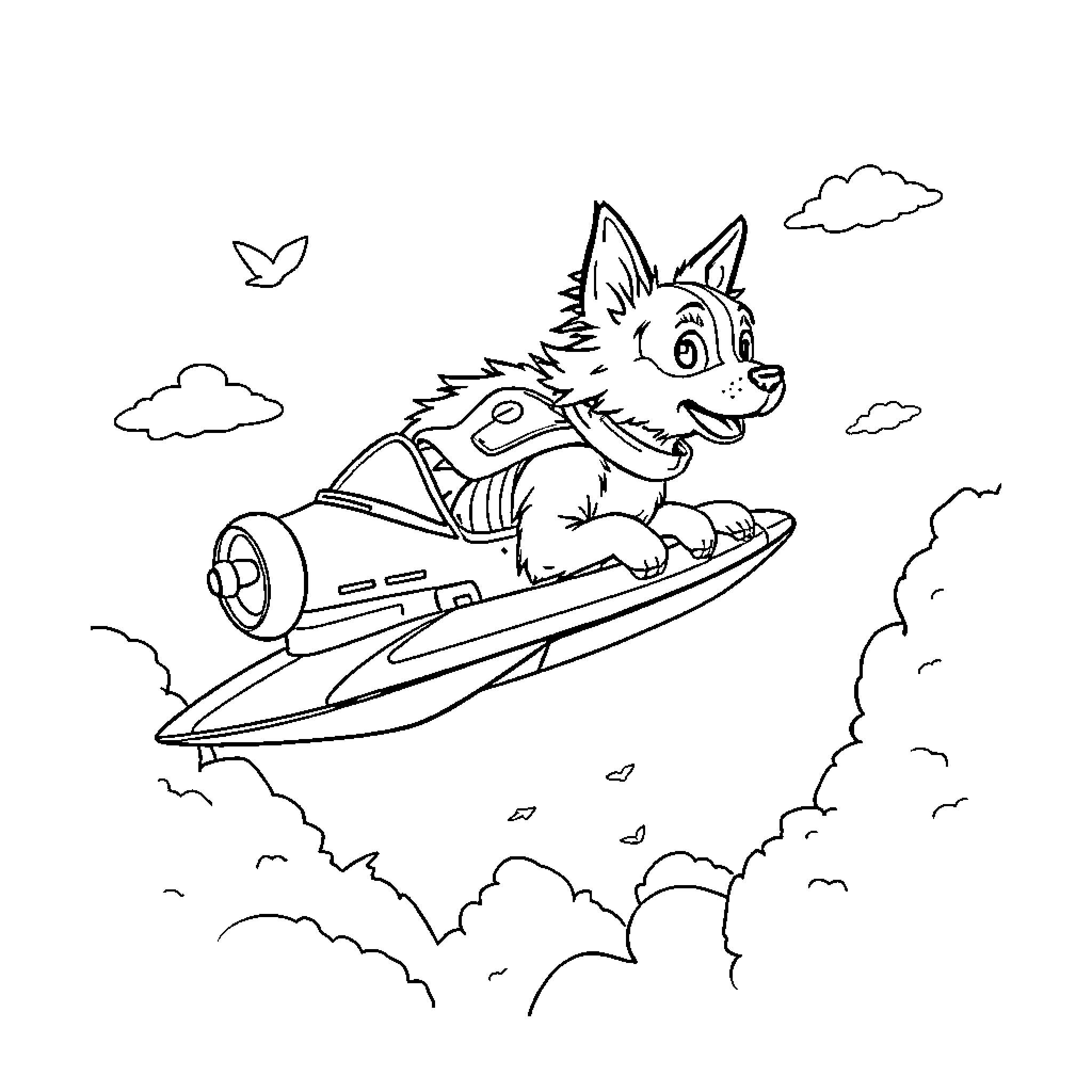 Paw Patrol Character Riding Futuristic Hover Craft Coloring Page (free black-and-white line drawing printable PDF for all, from beginners to advanced learners, including children, teens, adults, and seniors)