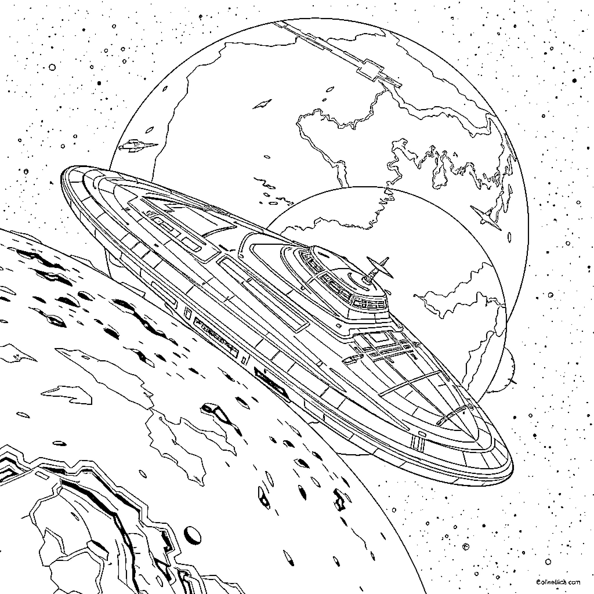 Space Ship Exploring the Outer Reaches of the Galaxy Coloring Page (free black-and-white line drawing printable PDF for all, from beginners to advanced learners, including children, teens, adults, and seniors)