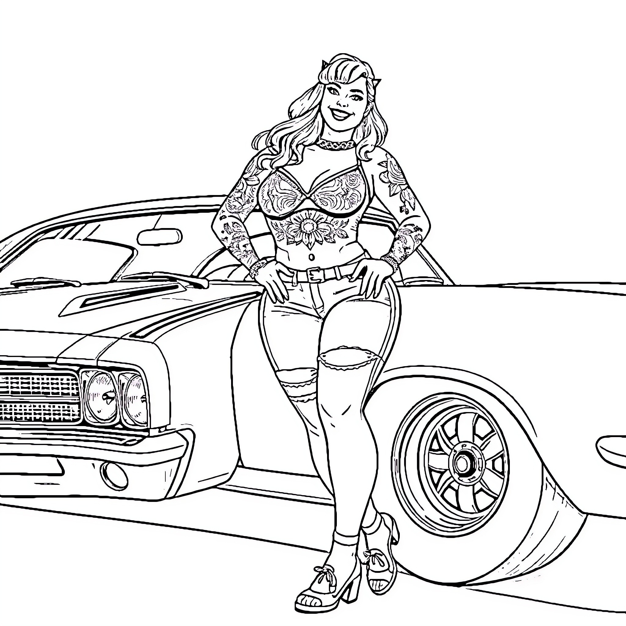 Pinup Girl Posing Confidently with Classic Car Coloring Page (free black-and-white line drawing printable PDF for all, from beginners to advanced learners, including children, teens, adults, and seniors)