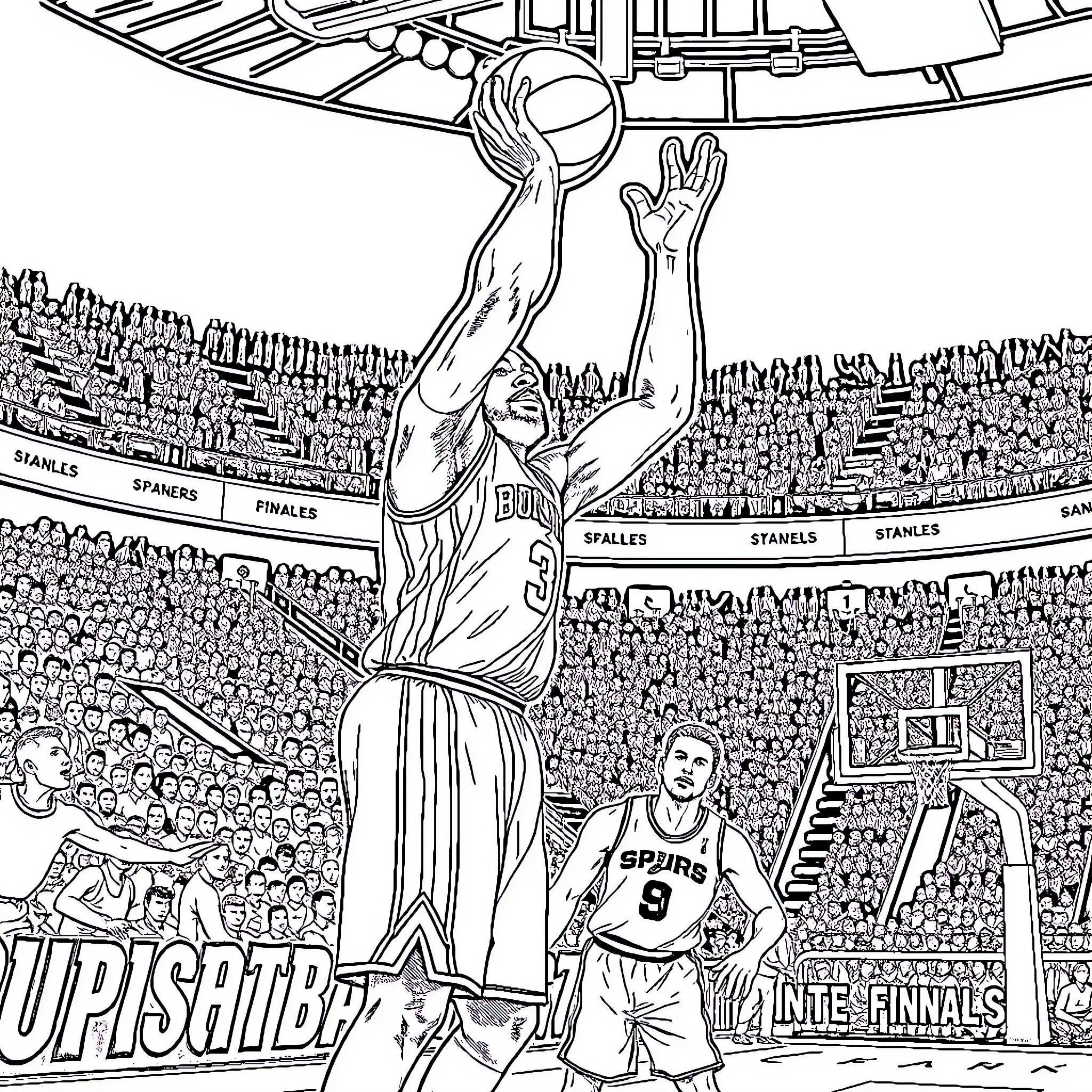 Ray Allen's Iconic Basketball Moment in the Arena Coloring Page (free black-and-white line drawing printable PDF for all, from beginners to advanced learners, including children, teens, adults, and seniors)