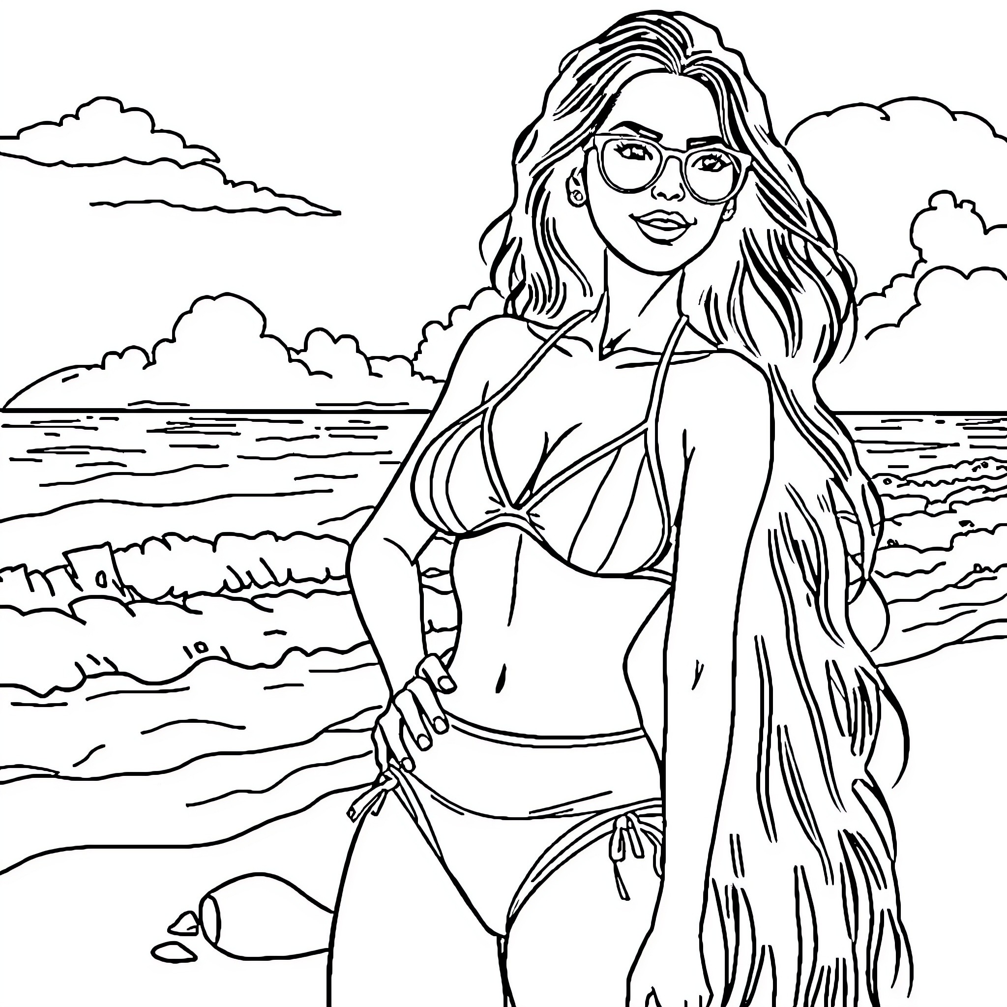 Woman relaxing on the beach with a beautiful view Coloring Page (free black-and-white line drawing printable PDF for all, from beginners to advanced learners, including children, teens, adults, and seniors)