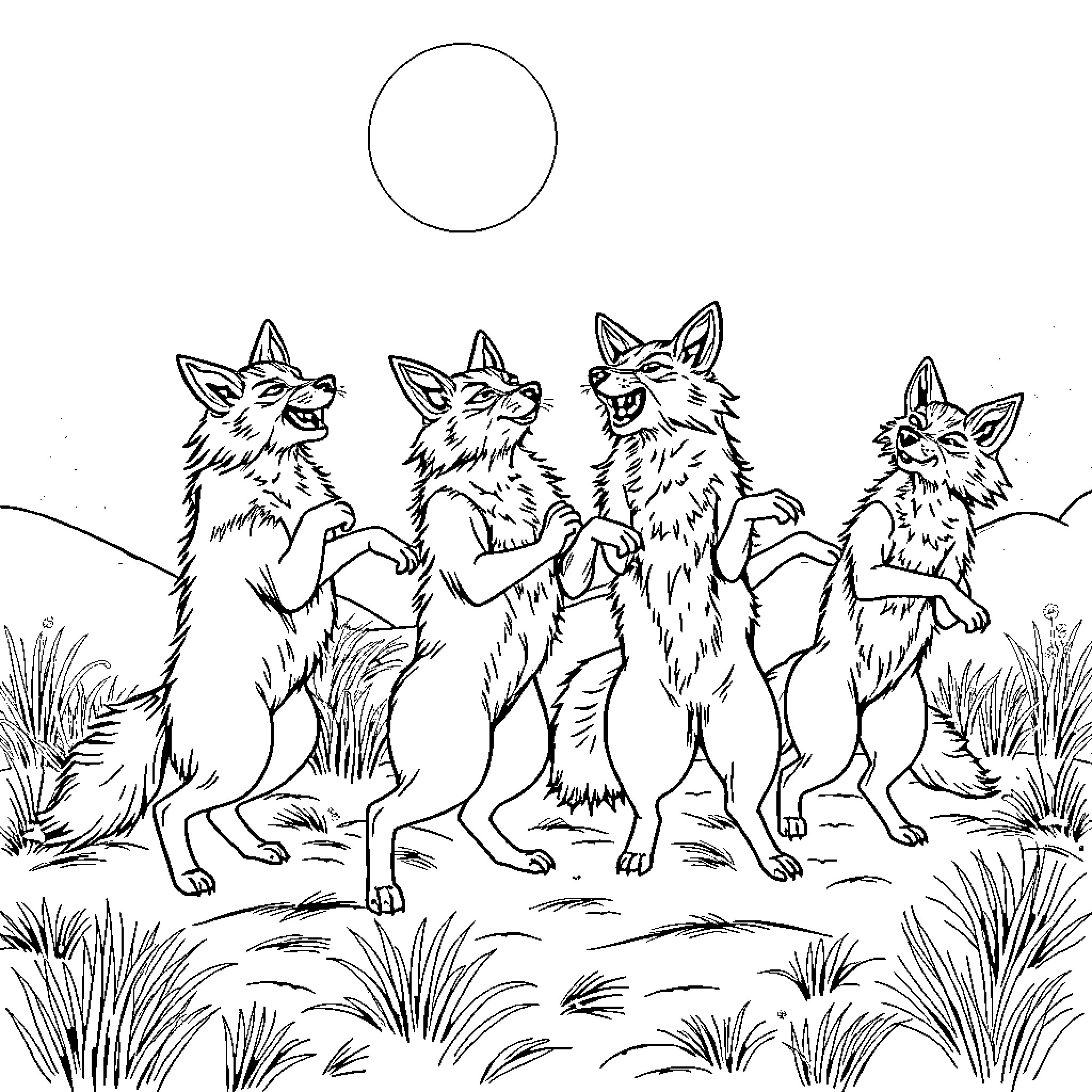 Coyotes howling and playing in the wilderness Coloring Page (free black-and-white line drawing printable PDF for all, from beginners to advanced learners, including children, teens, adults, and seniors)