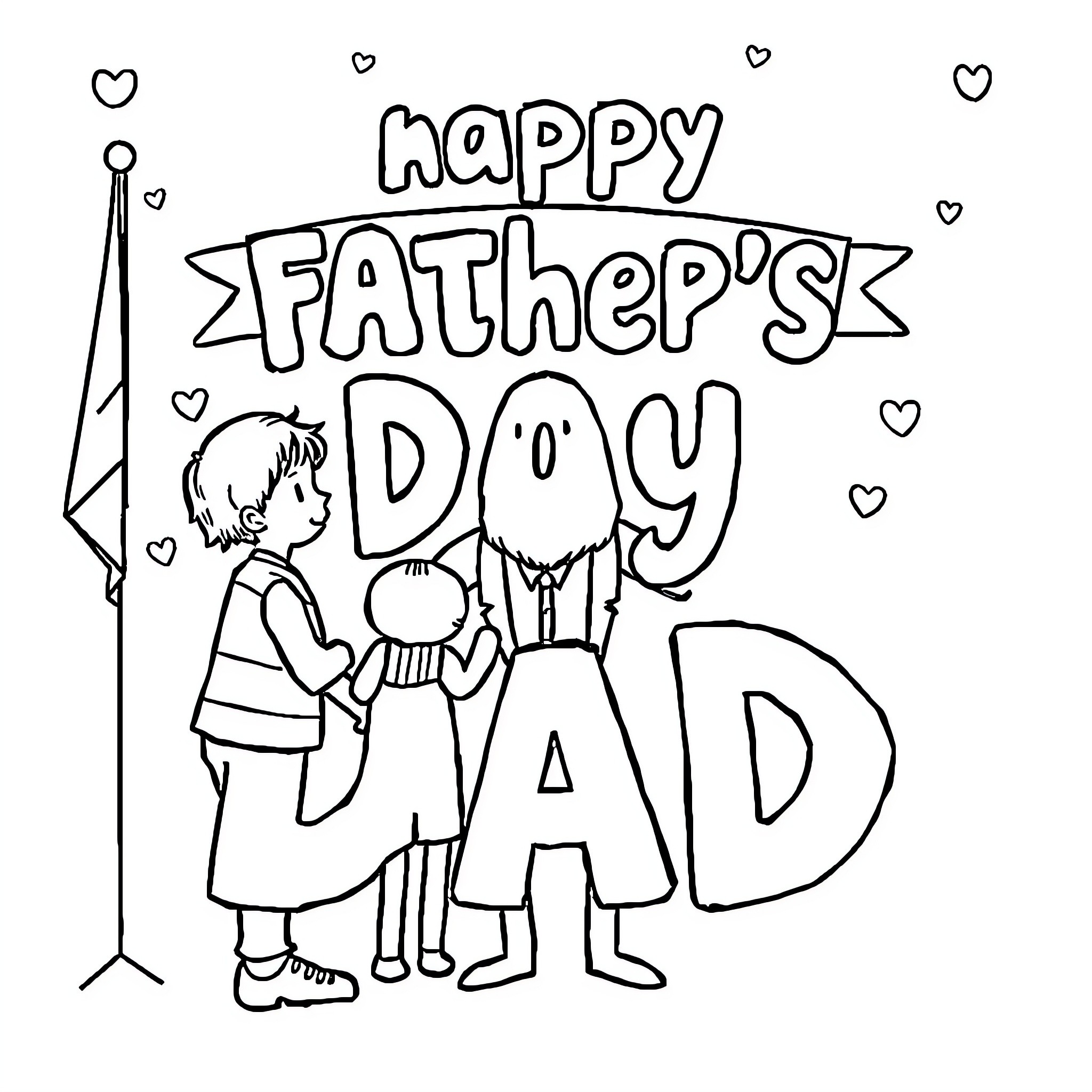 Father and child celebrating Father's Day Coloring Page (free black-and-white line drawing printable PDF for all, from beginners to advanced learners, including children, teens, adults, and seniors)