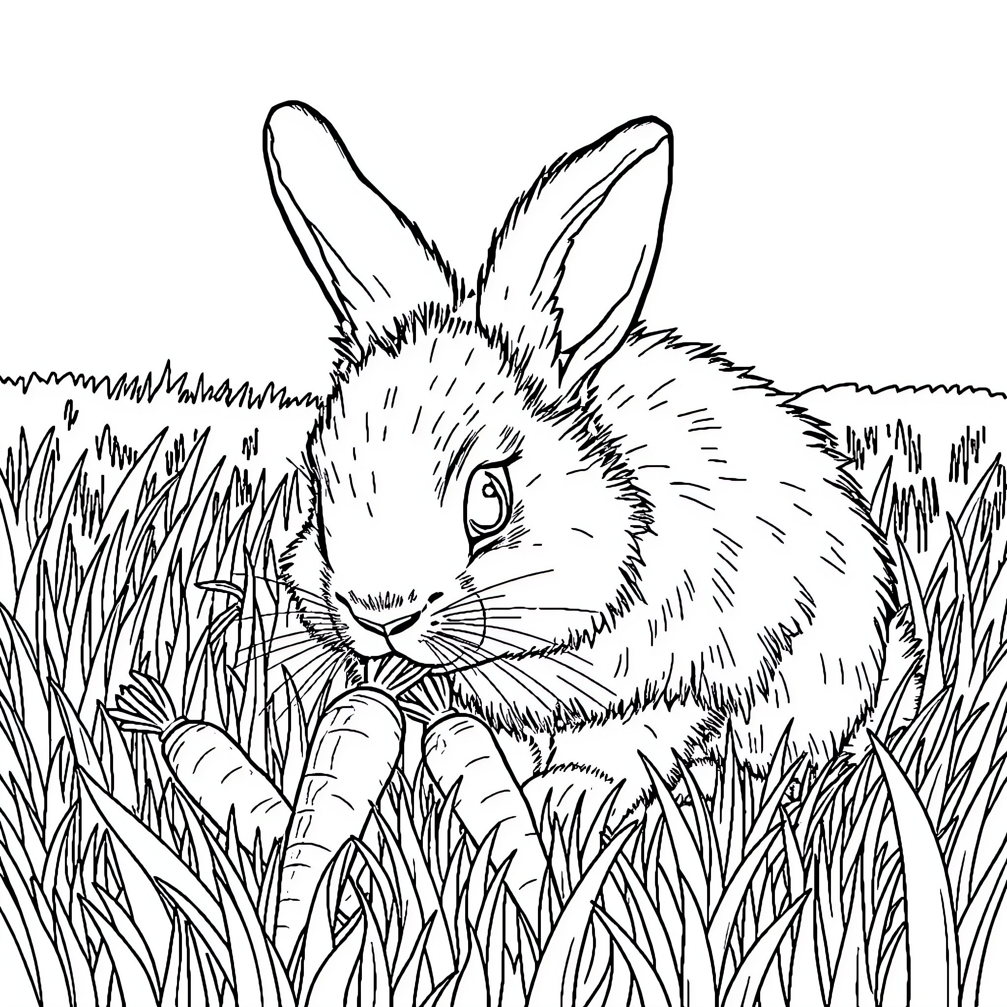 Bunny hiding in the tall grass Coloring Page (free black-and-white line drawing printable PDF for all, from beginners to advanced learners, including children, teens, adults, and seniors)