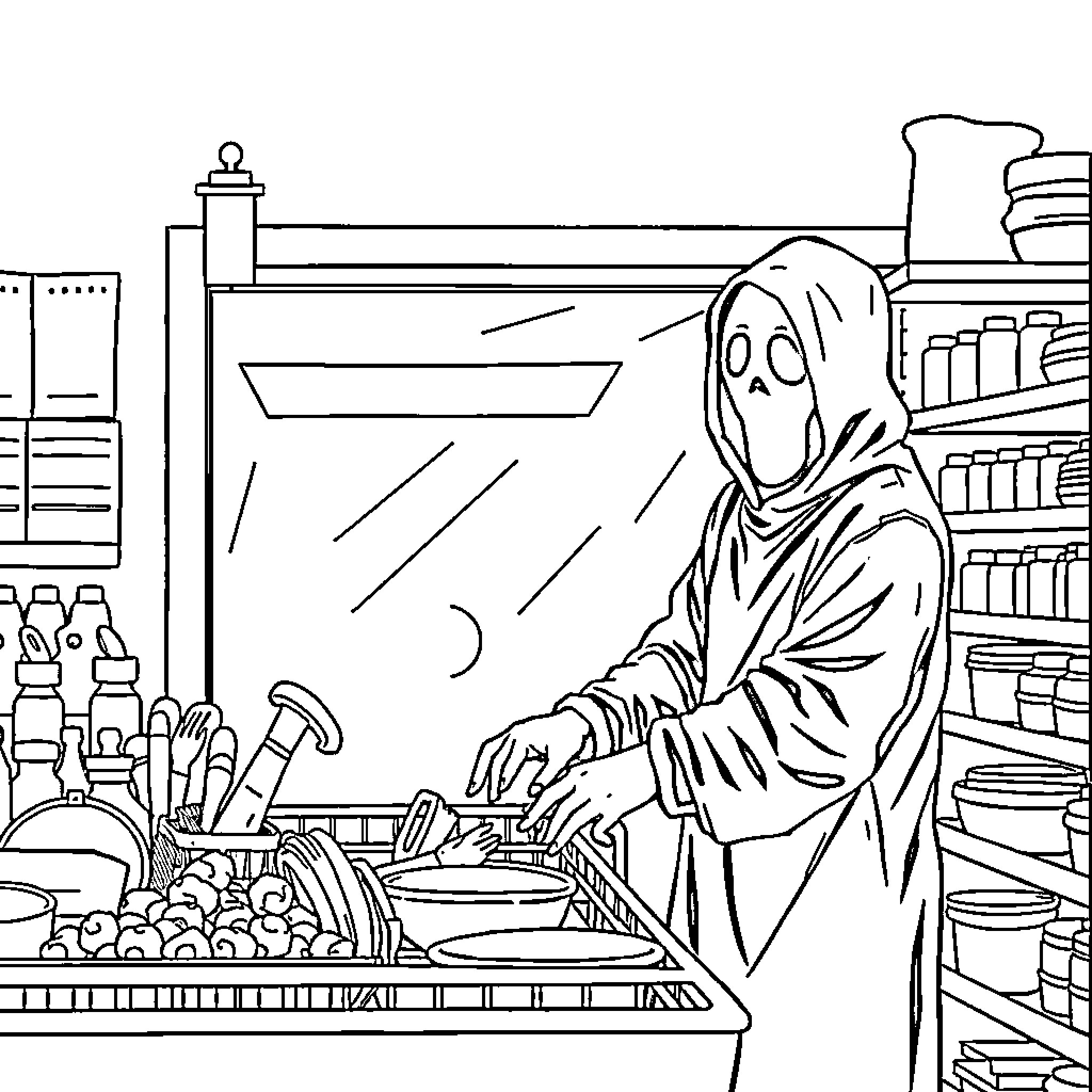 Ghostface at the checkout counter Coloring Page (free black-and-white line drawing printable PDF for all, from beginners to advanced learners, including children, teens, adults, and seniors)