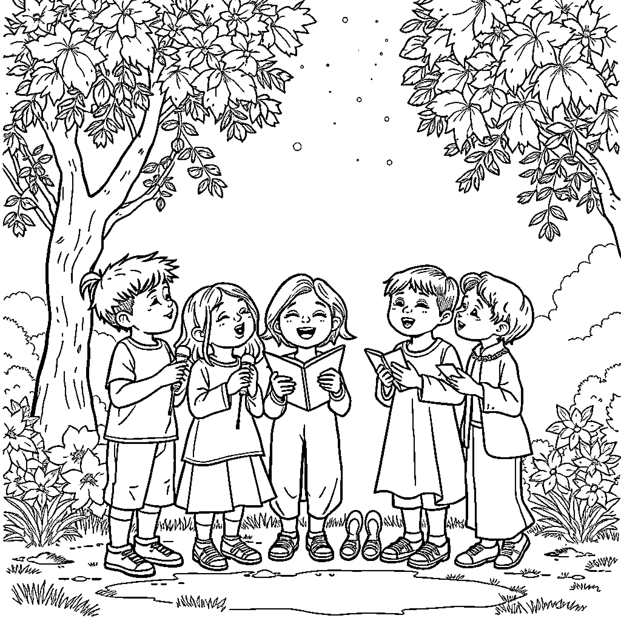 Children playing and reading books in a garden Coloring Page (free black-and-white line drawing printable PDF for all, from beginners to advanced learners, including children, teens, adults, and seniors)