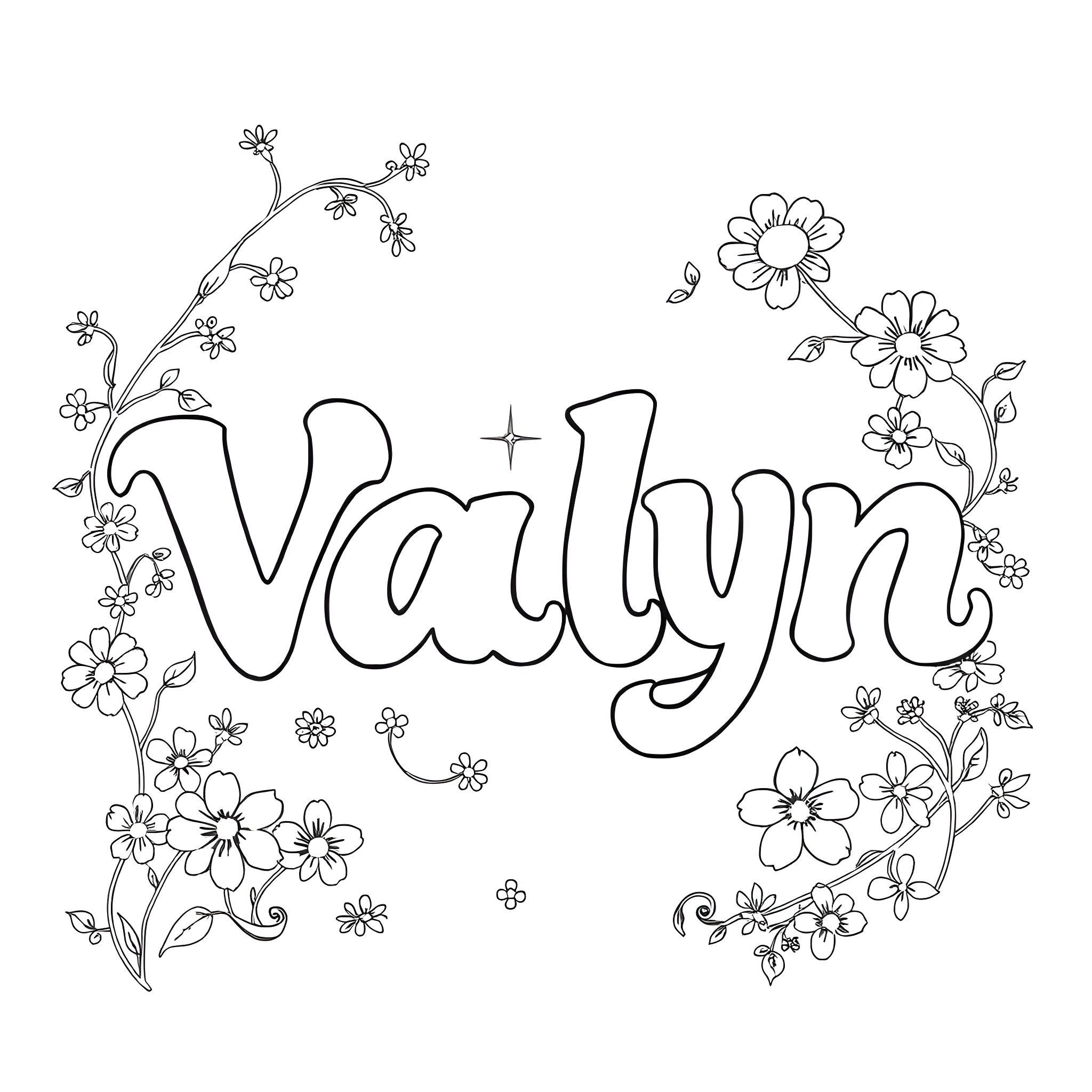 Valyn surrounded by floral designs Coloring Page (free black-and-white line drawing printable PDF for all, from beginners to advanced learners, including children, teens, adults, and seniors)