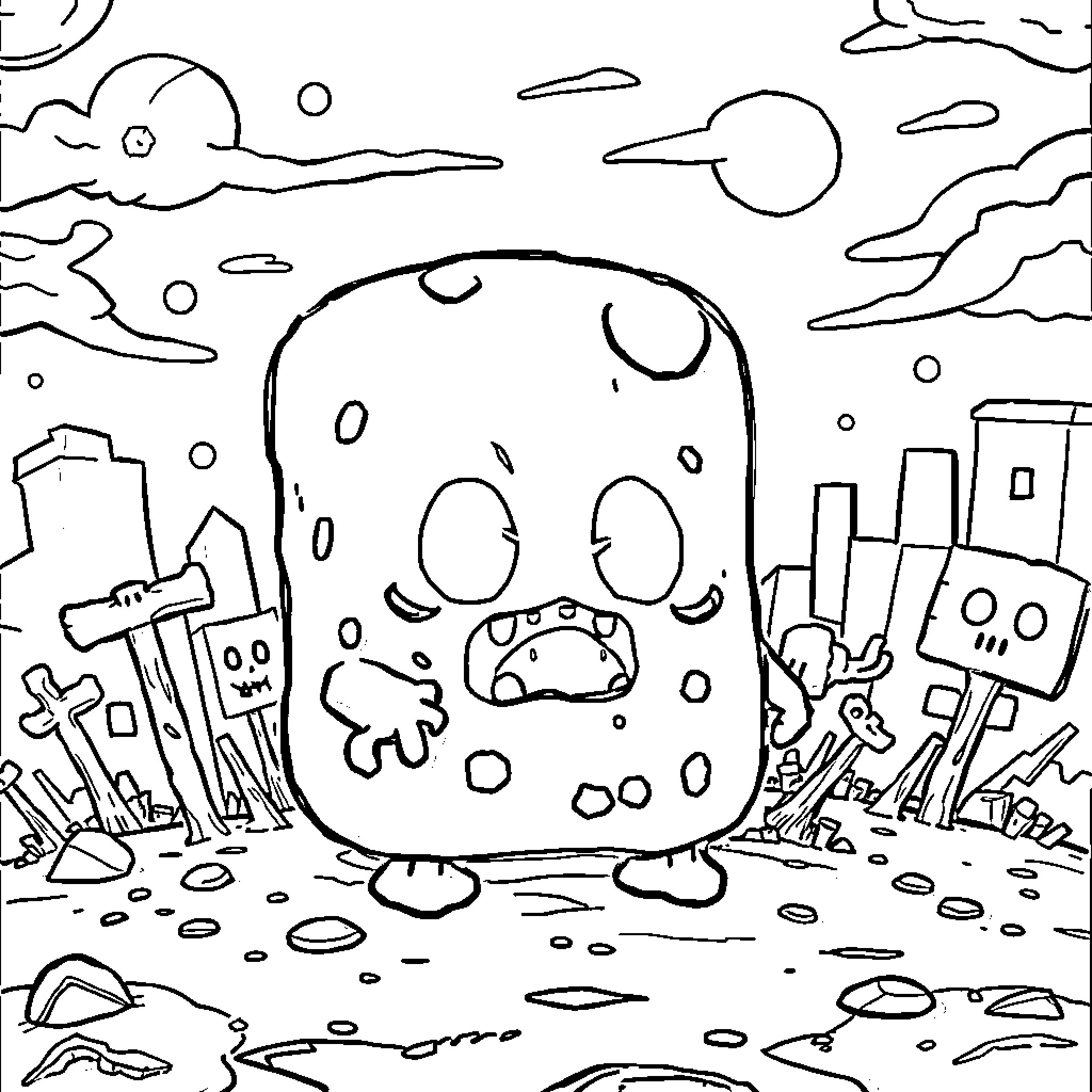 Zombie monster roaming through post-apocalyptic city ruins Coloring Page (free black-and-white line drawing printable PDF for all, from beginners to advanced learners, including children, teens, adults, and seniors)