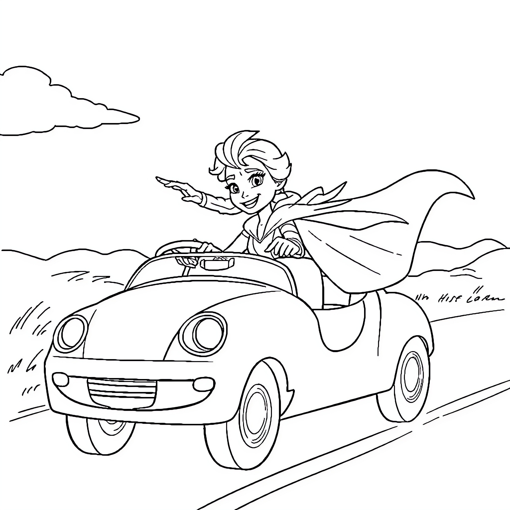 Elsa's Joyride in a Carefree Convertible Coloring Page (free black-and-white line drawing printable PDF for all, from beginners to advanced learners, including children, teens, adults, and seniors)