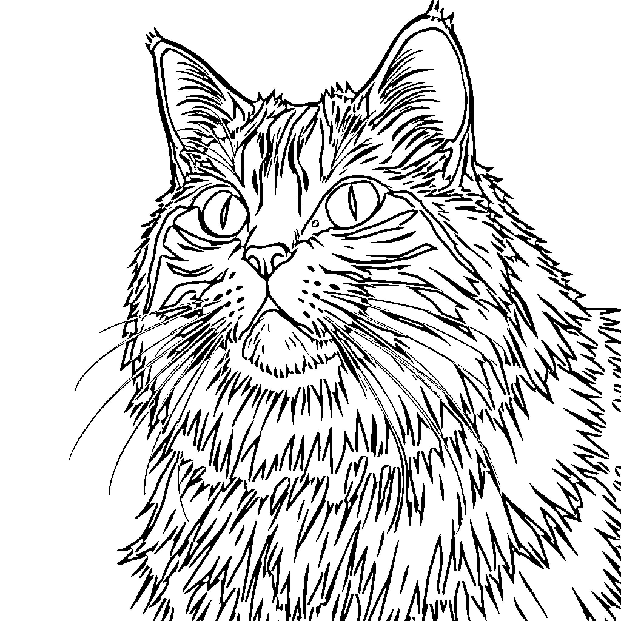 Cat with alert expression and detailed fur Coloring Page (free black-and-white line drawing printable PDF for all, from beginners to advanced learners, including children, teens, adults, and seniors)