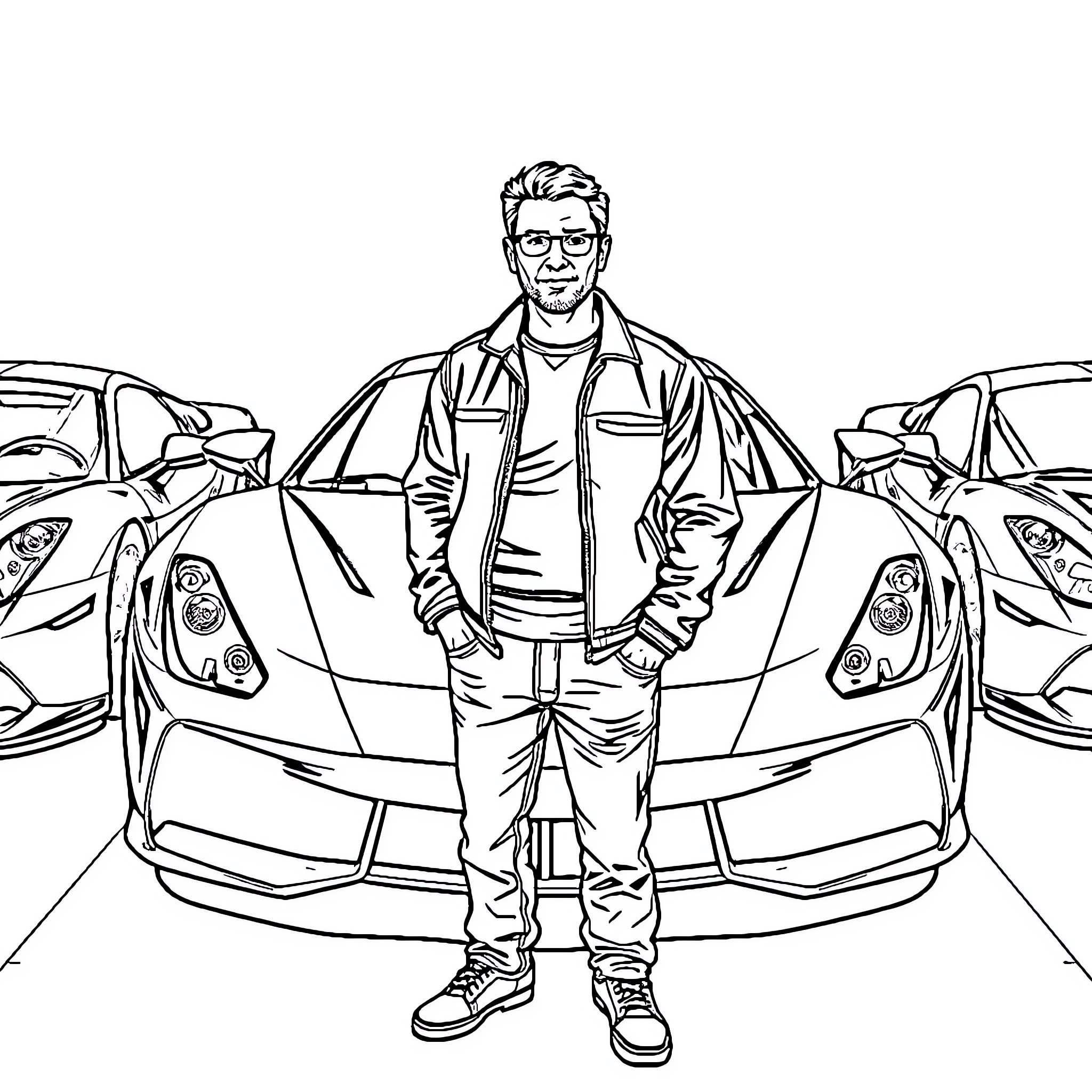 Steven admiring high-performance sports cars Coloring Page (free black-and-white line drawing printable PDF for all, from beginners to advanced learners, including children, teens, adults, and seniors)