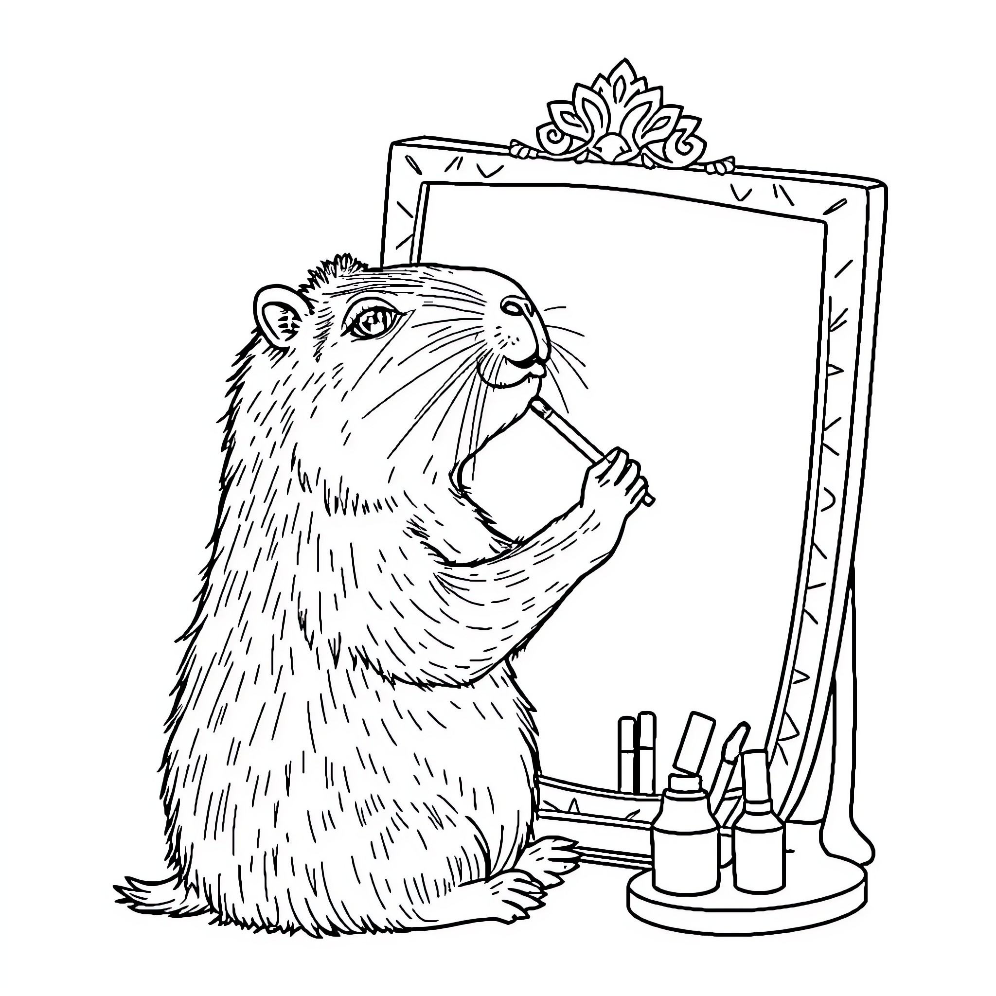 Capybara enjoying a self-care moment in front of a mirror Coloring Page (free black-and-white line drawing printable PDF for all, from beginners to advanced learners, including children, teens, adults, and seniors)