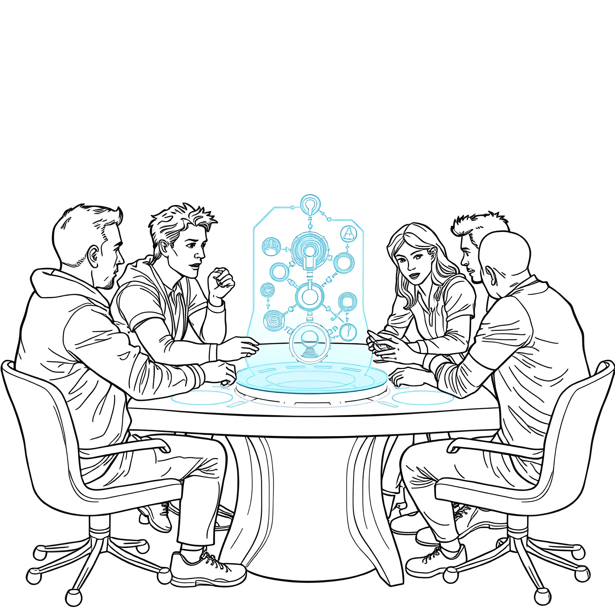 Artificial Intelligence Team Discussing Holographic Interfaces Coloring Page (free black-and-white line drawing printable PDF for all, from beginners to advanced learners, including children, teens, adults, and seniors)