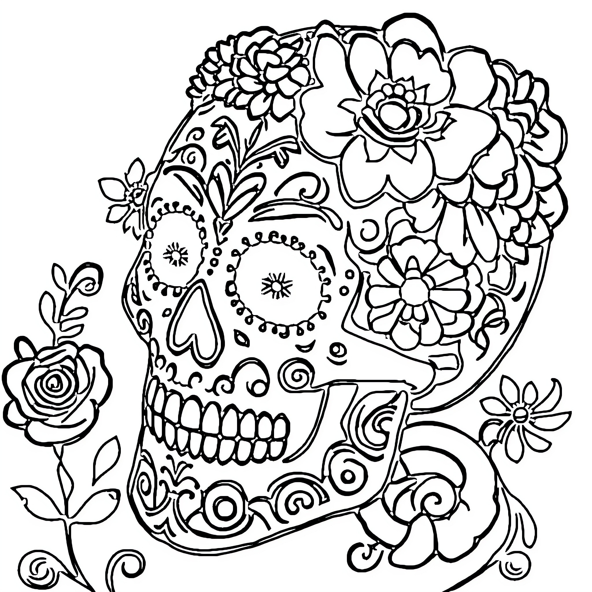 Sugar Skull with Vibrant Floral Design Coloring Page (free black-and-white line drawing printable PDF for all, from beginners to advanced learners, including children, teens, adults, and seniors)