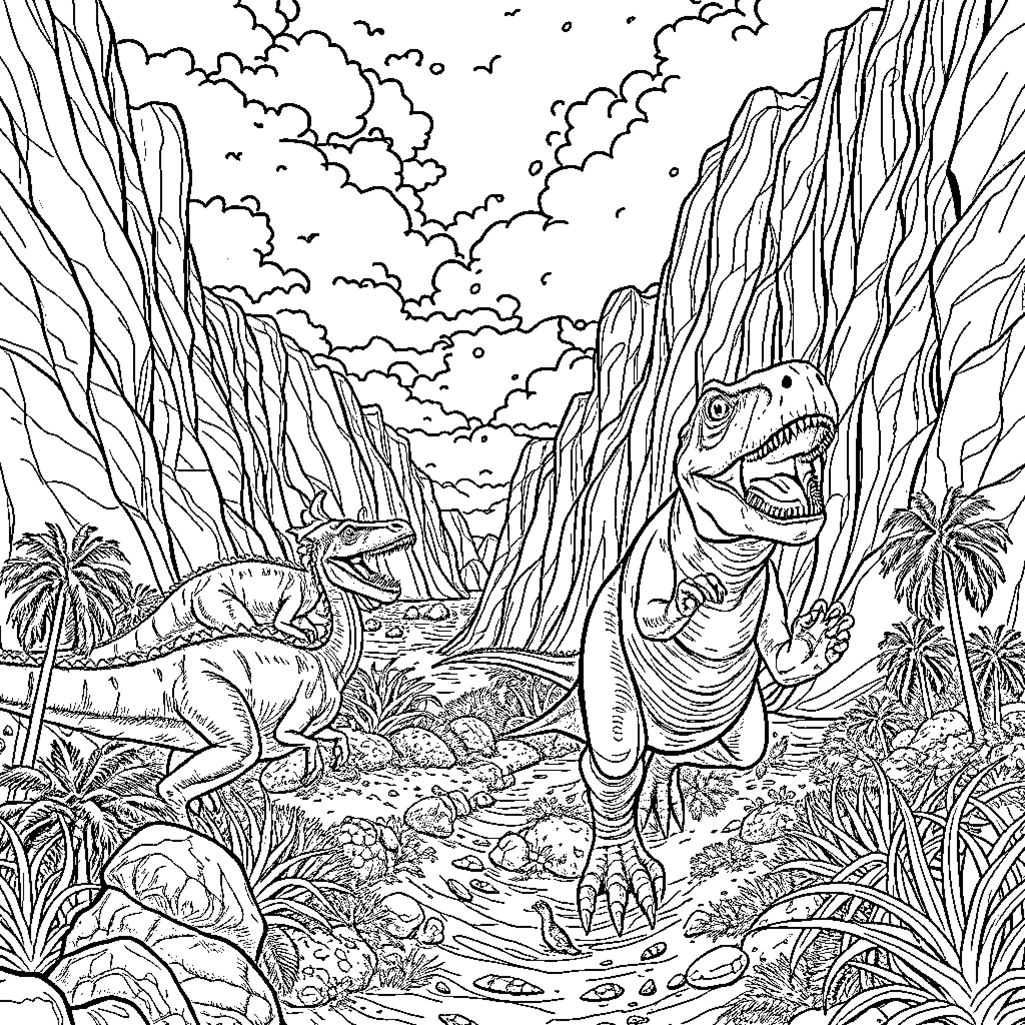 Dinosaur roaming through prehistoric landscape Coloring Page (free black-and-white line drawing printable PDF for all, from beginners to advanced learners, including children, teens, adults, and seniors)