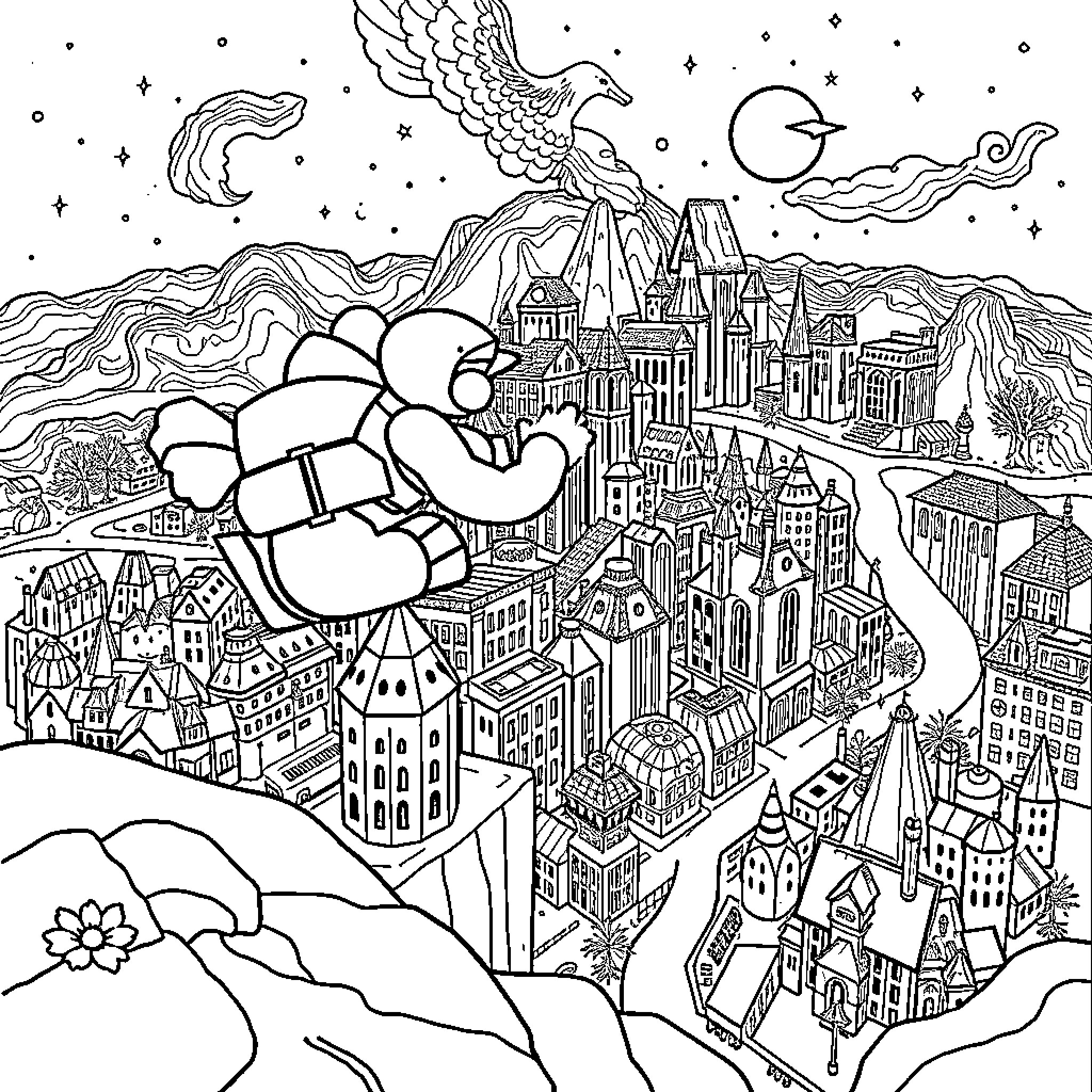Dog soaring over magical fantasy city Coloring Page (free black-and-white line drawing printable PDF for all, from beginners to advanced learners, including children, teens, adults, and seniors)