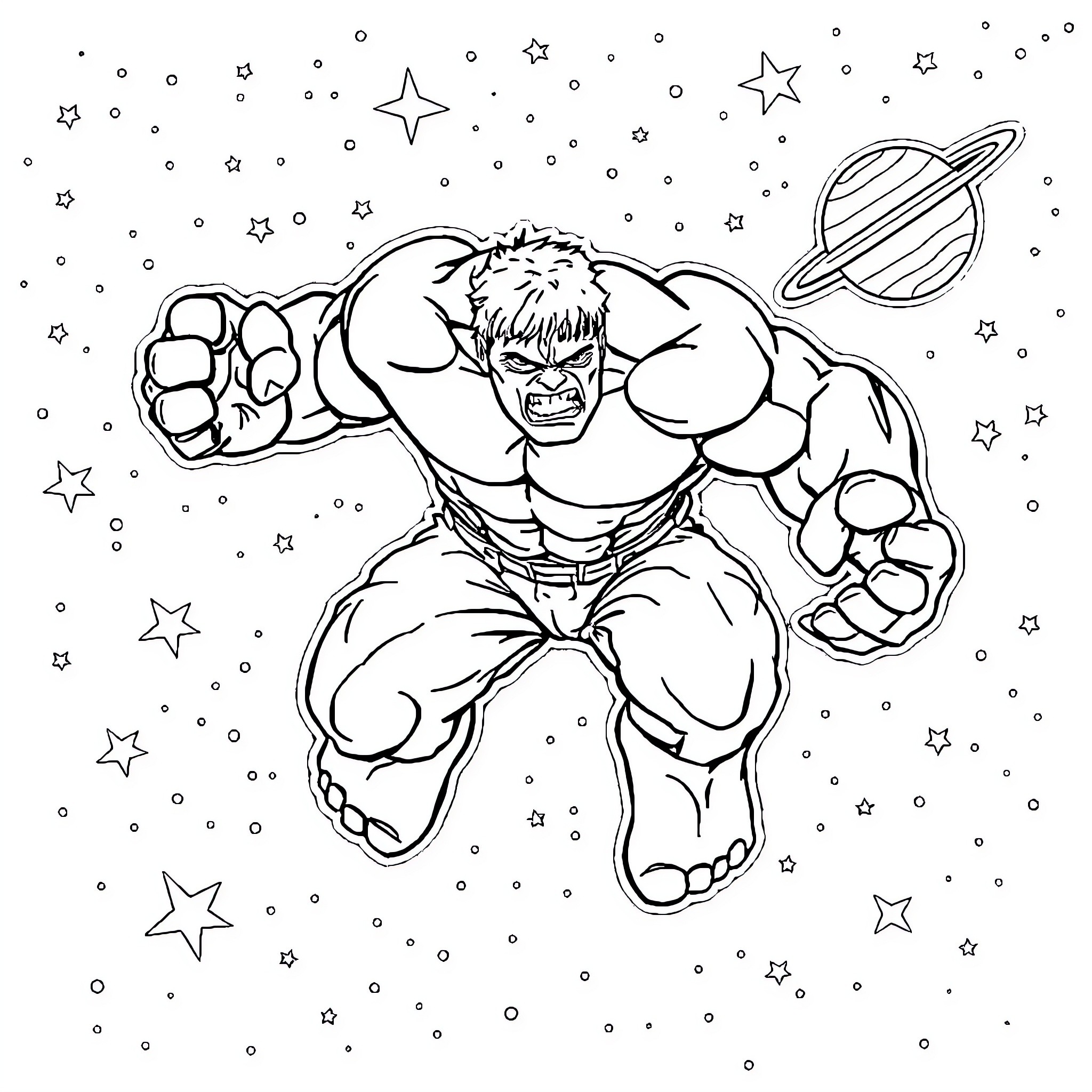 Hulk Unleashing Cosmic Power in the Stars Coloring Page (free black-and-white line drawing printable PDF for all, from beginners to advanced learners, including children, teens, adults, and seniors)