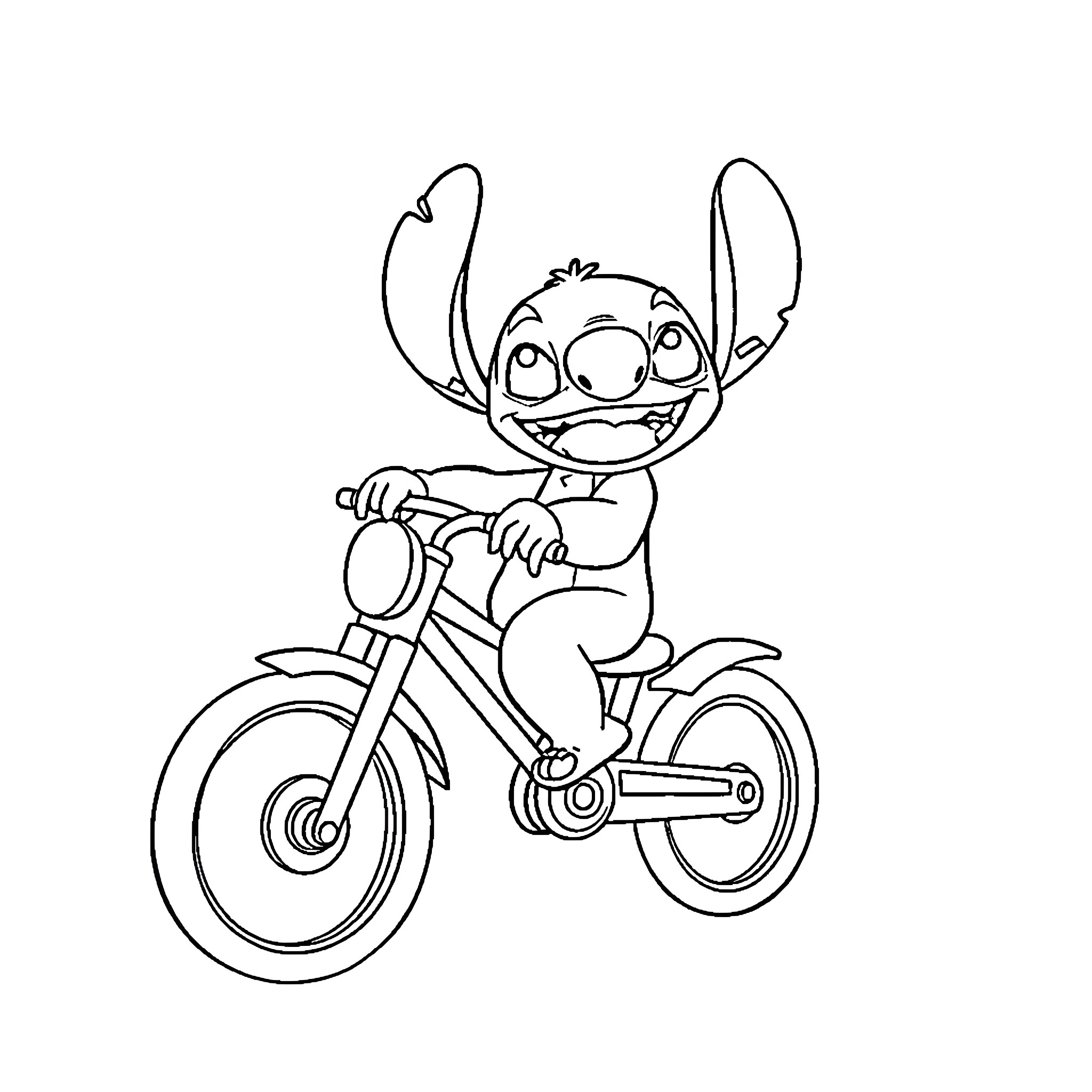 Stitch riding a bicycle happily Coloring Page (free black-and-white line drawing printable PDF for all, from beginners to advanced learners, including children, teens, adults, and seniors)