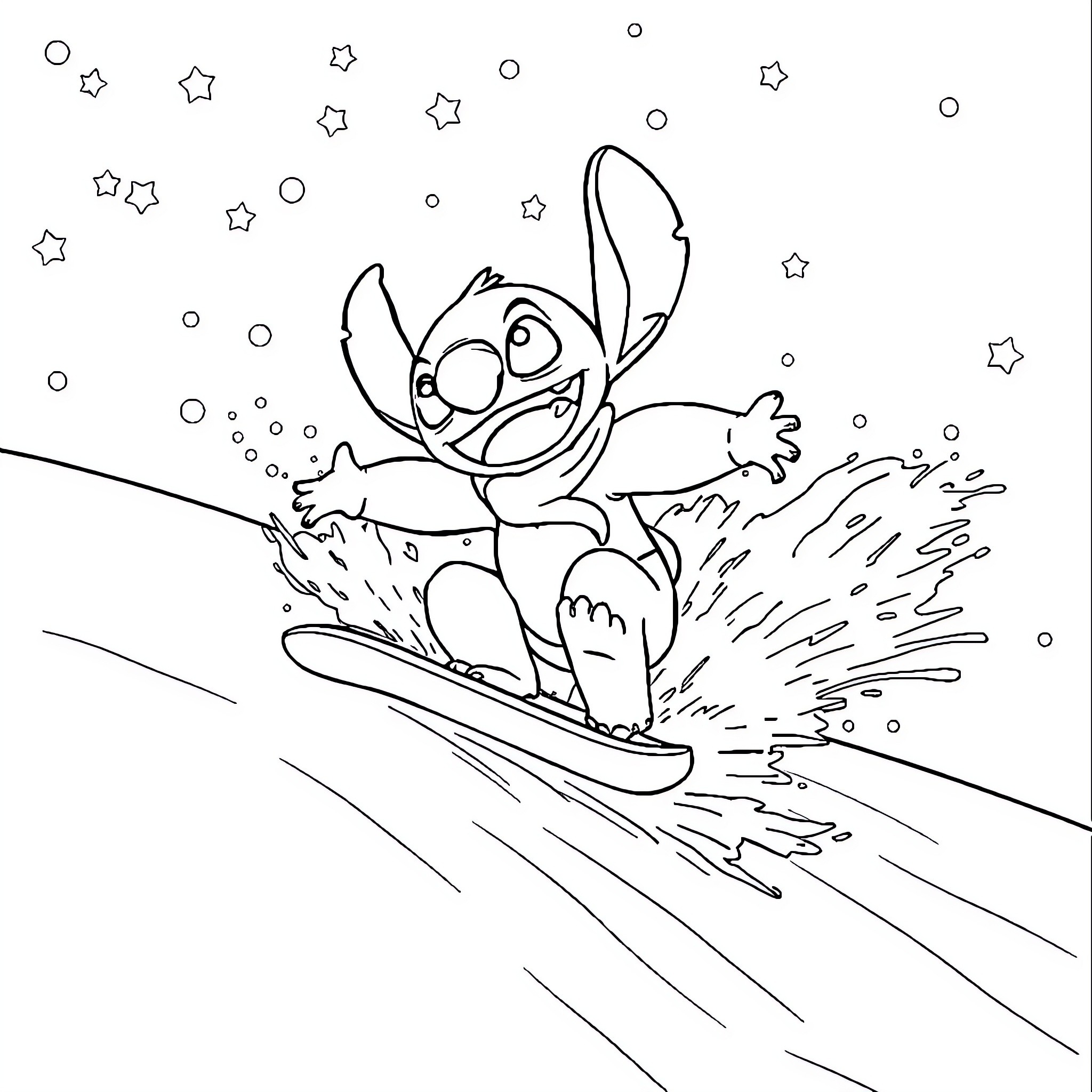 Stitch having fun while surfing through the stars Coloring Page (free black-and-white line drawing printable PDF for all, from beginners to advanced learners, including children, teens, adults, and seniors)