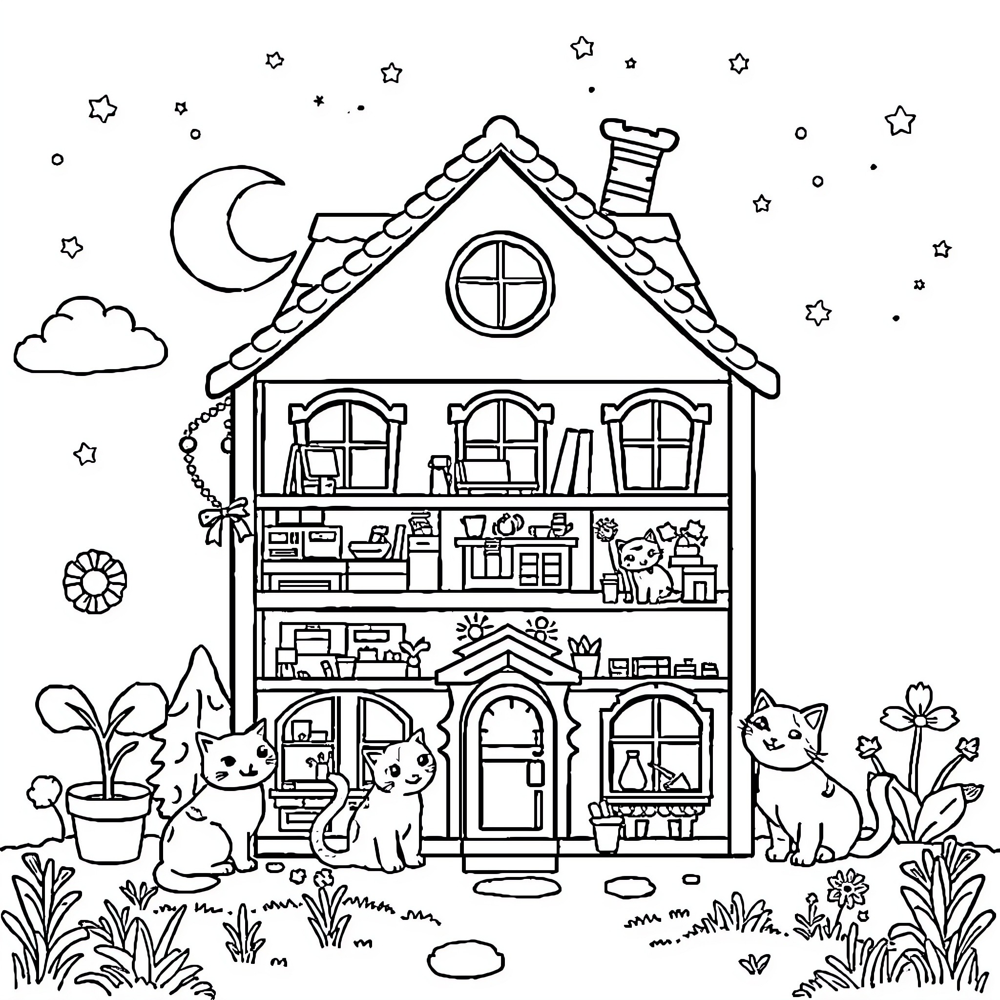 Gabby's Cozy Cottage Home at Nightfall Coloring Page (free black-and-white line drawing printable PDF for all, from beginners to advanced learners, including children, teens, adults, and seniors)