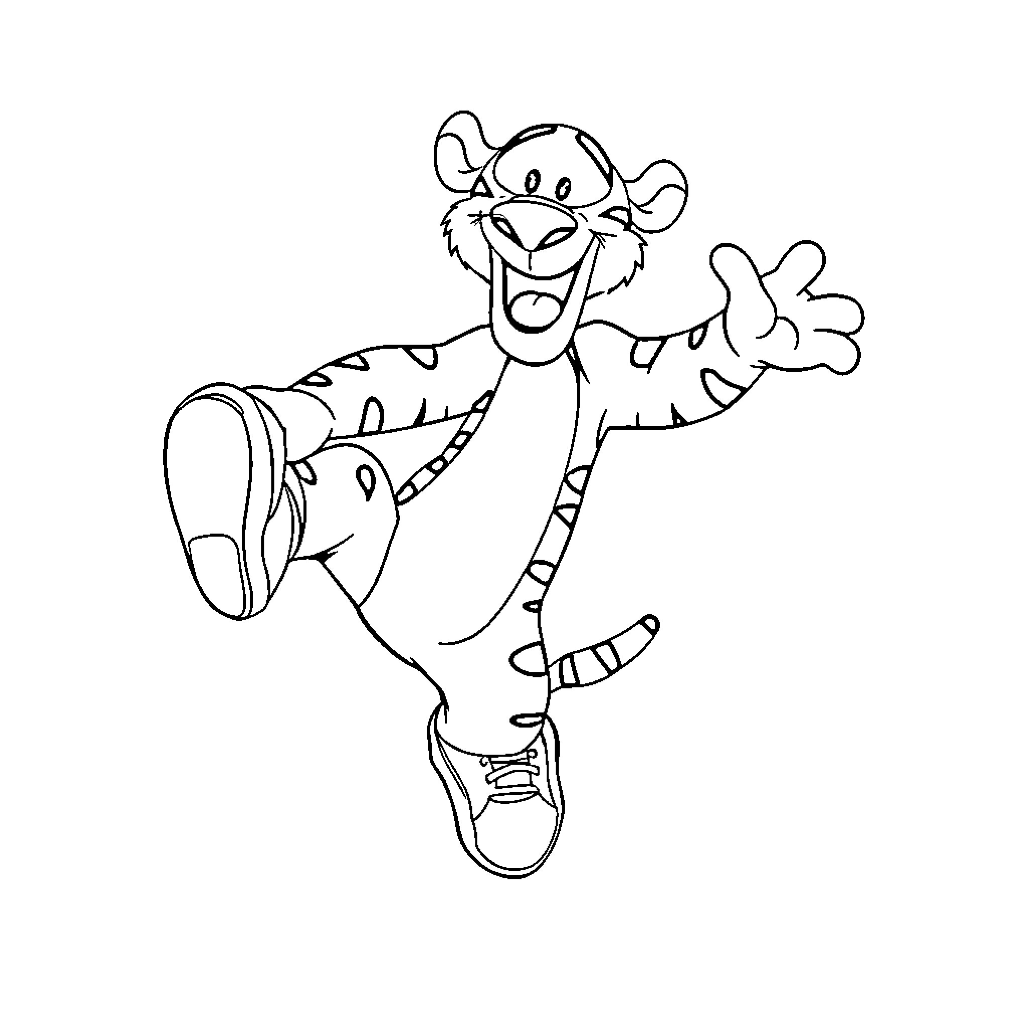 Tigger dancing and jumping with excitement Coloring Page (free black-and-white line drawing printable PDF for all, from beginners to advanced learners, including children, teens, adults, and seniors)