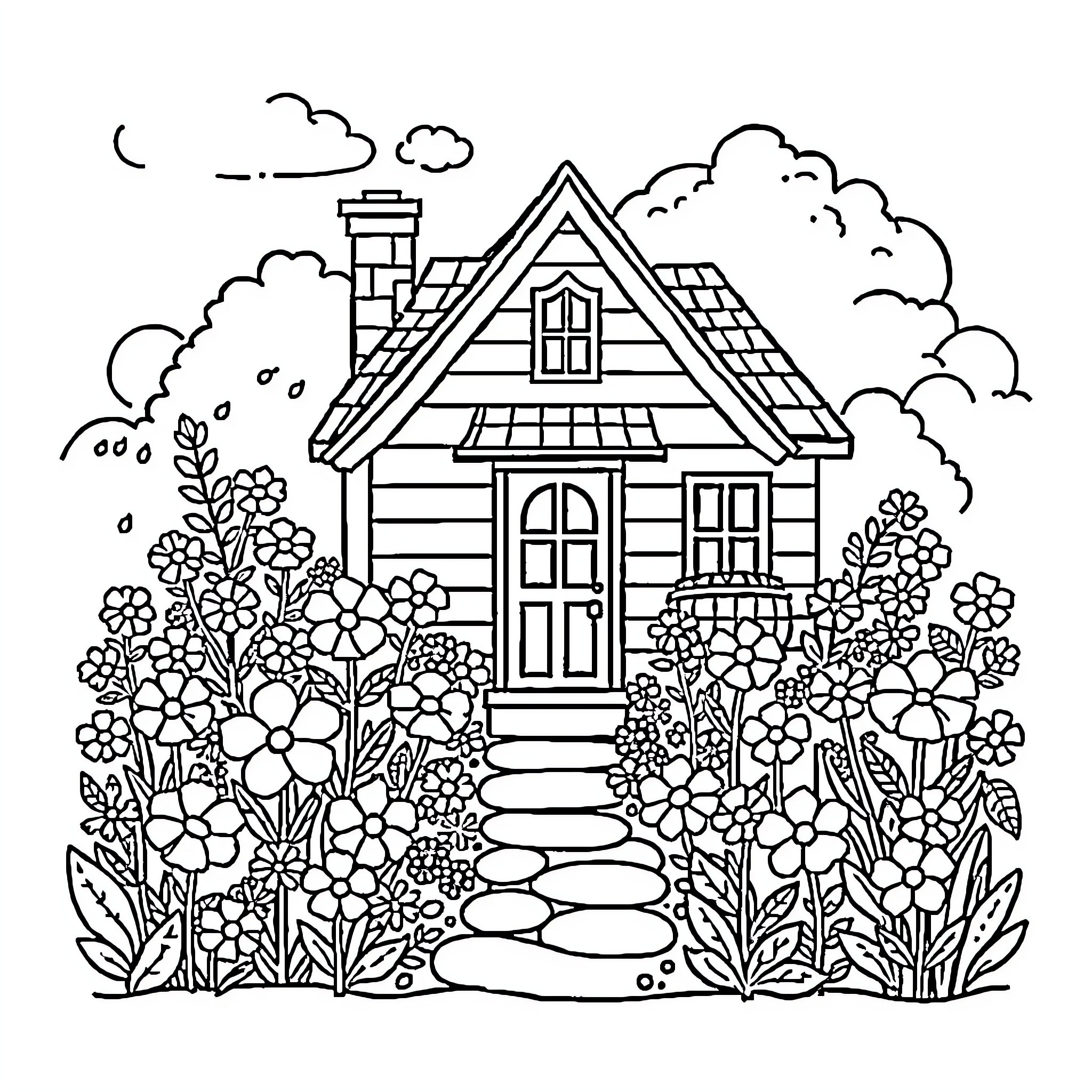 House surrounded by a lush garden Coloring Page (free black-and-white line drawing printable PDF for all, from beginners to advanced learners, including children, teens, adults, and seniors)