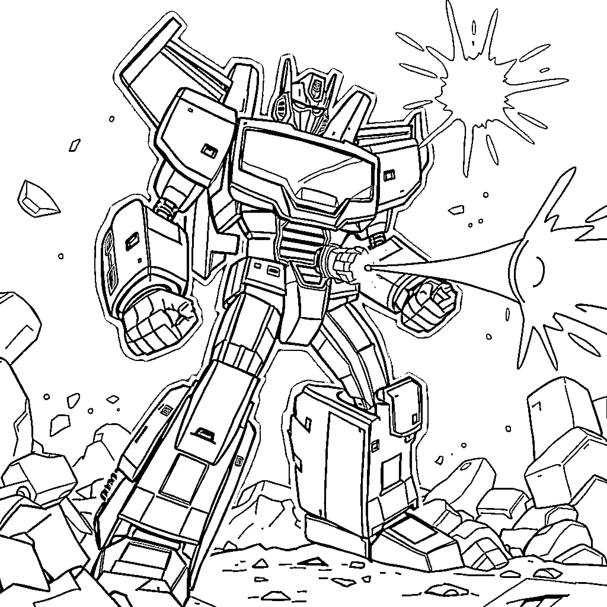 Autobot Prowl battling in a debris-filled environment Coloring Page (free black-and-white line drawing printable PDF for all, from beginners to advanced learners, including children, teens, adults, and seniors)