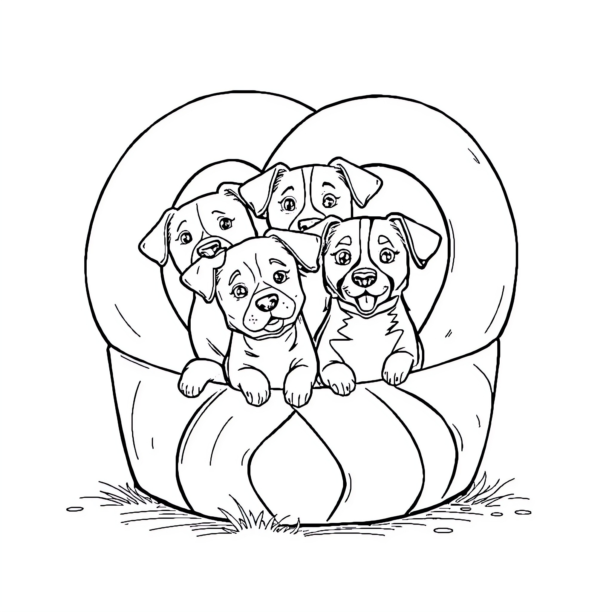 Dog puppies playing together in a basket Coloring Page (free black-and-white line drawing printable PDF for all, from beginners to advanced learners, including children, teens, adults, and seniors)