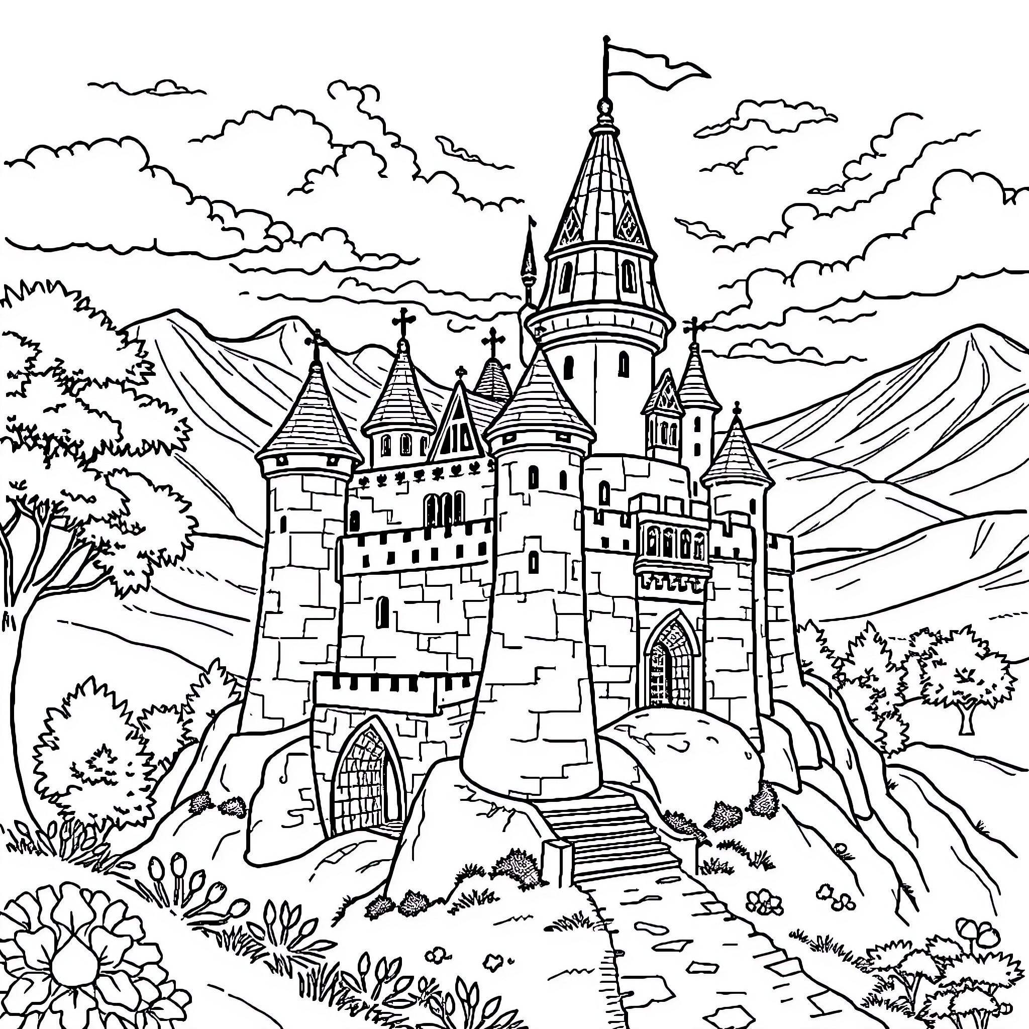 Castle with Ornate Towers and Mountain Landscape Coloring Page (free black-and-white line drawing printable PDF for all, from beginners to advanced learners, including children, teens, adults, and seniors)