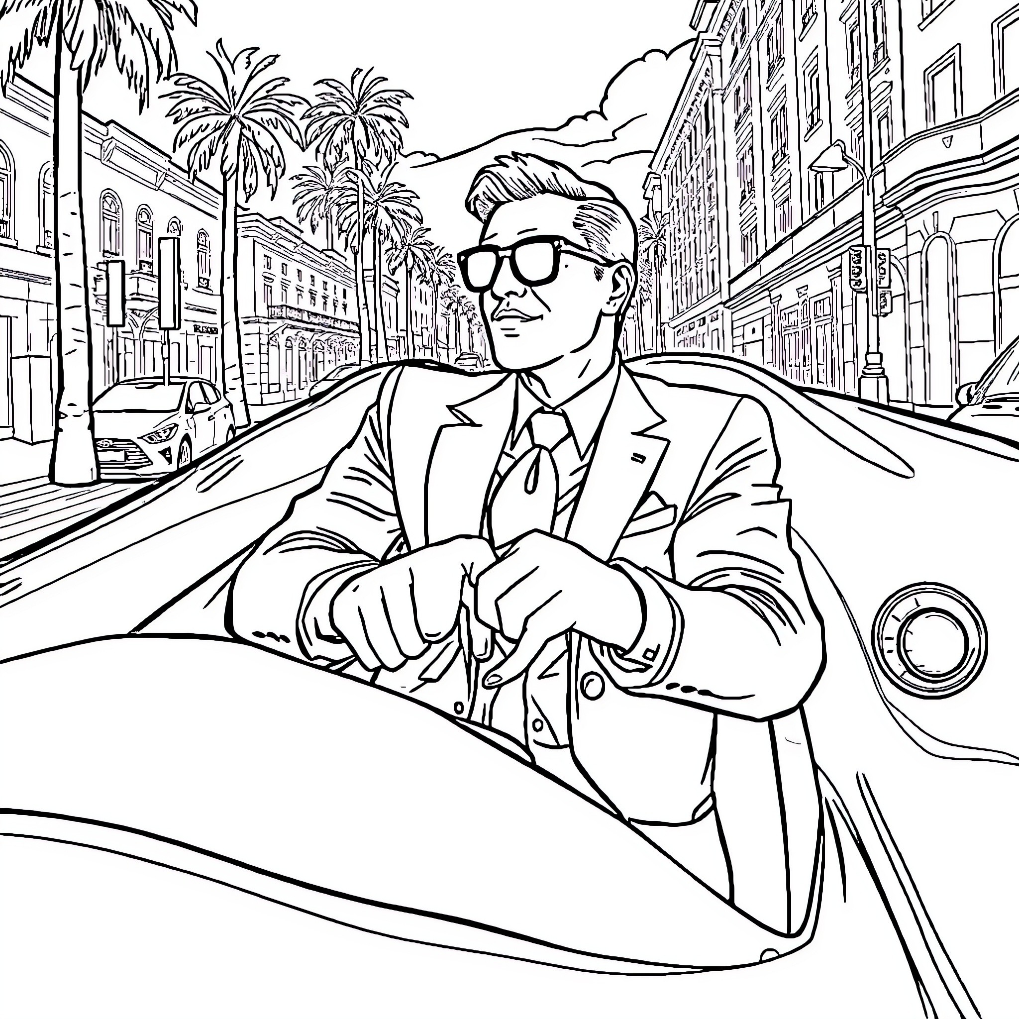 Man in suit driving car through city streets Coloring Page (free black-and-white line drawing printable PDF for all, from beginners to advanced learners, including children, teens, adults, and seniors)