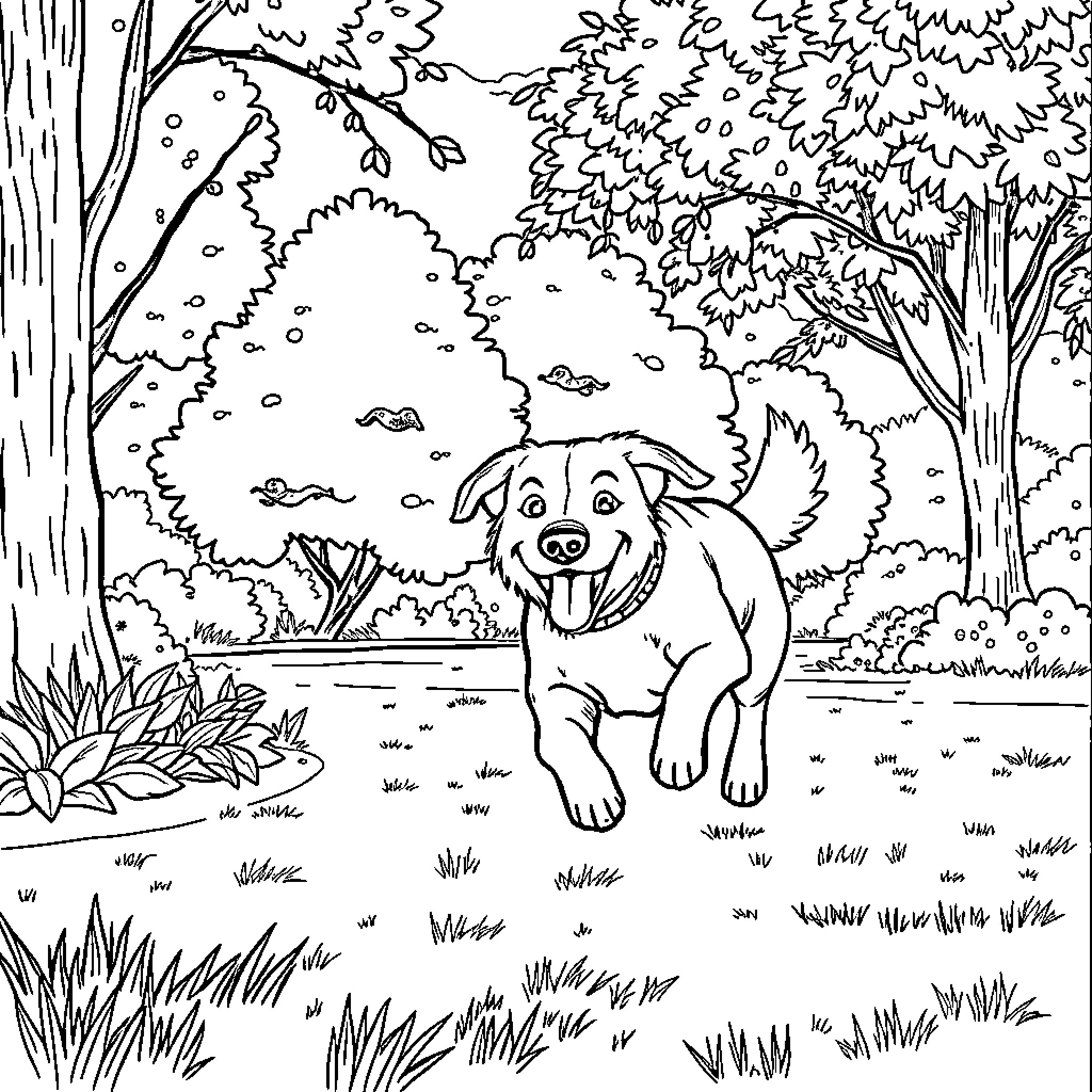 Dog enjoying a playful day in the forest Coloring Page (free black-and-white line drawing printable PDF for all, from beginners to advanced learners, including children, teens, adults, and seniors)