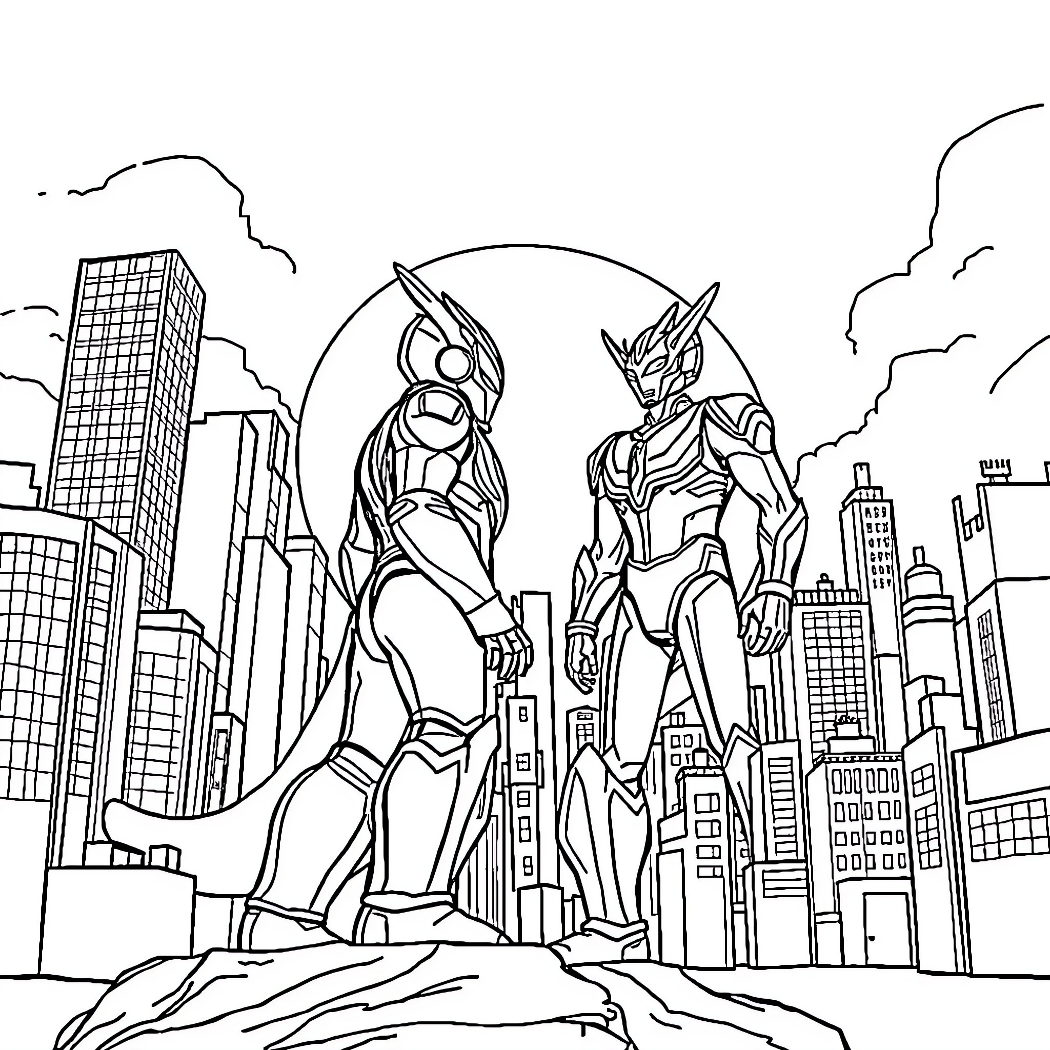 Ultraman heroically stands tall in the city Coloring Page (free black-and-white line drawing printable PDF for all, from beginners to advanced learners, including children, teens, adults, and seniors)