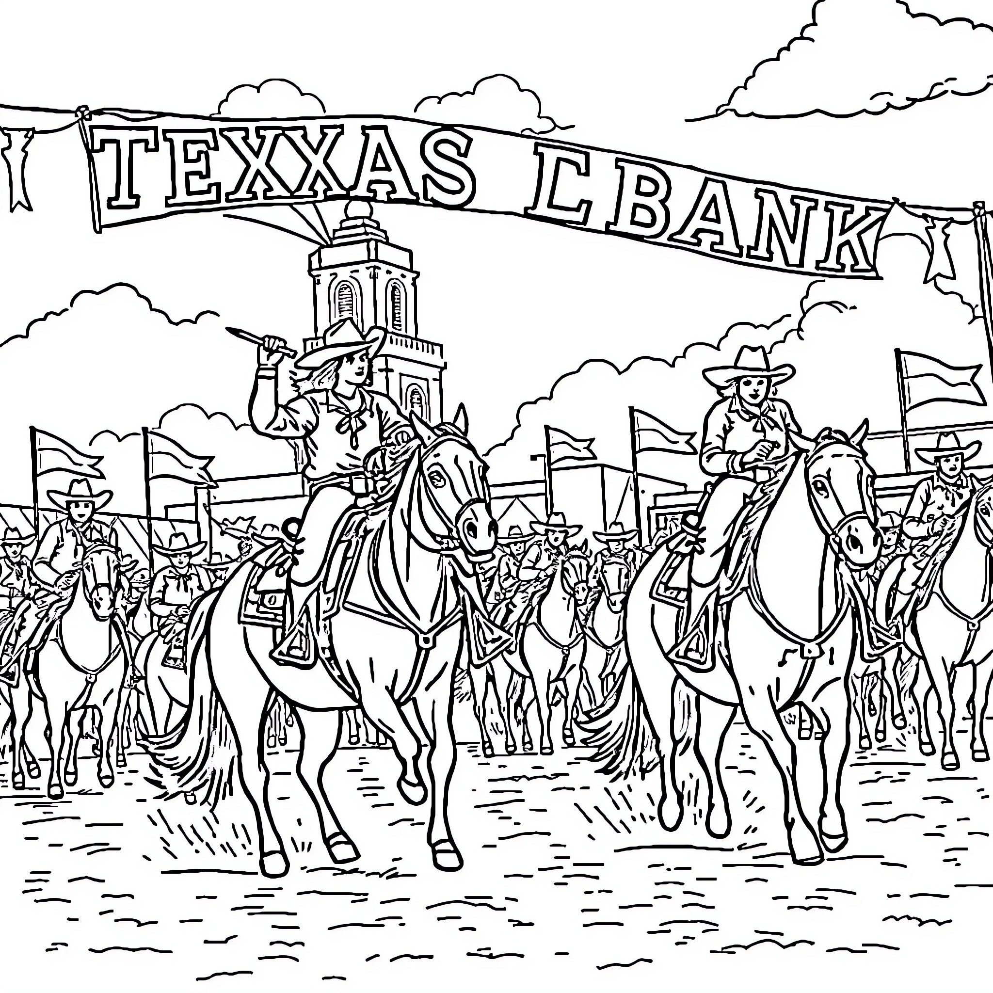Rodeo scene with cowboys and horses at Texas bank Coloring Page (free black-and-white line drawing printable PDF for all, from beginners to advanced learners, including children, teens, adults, and seniors)