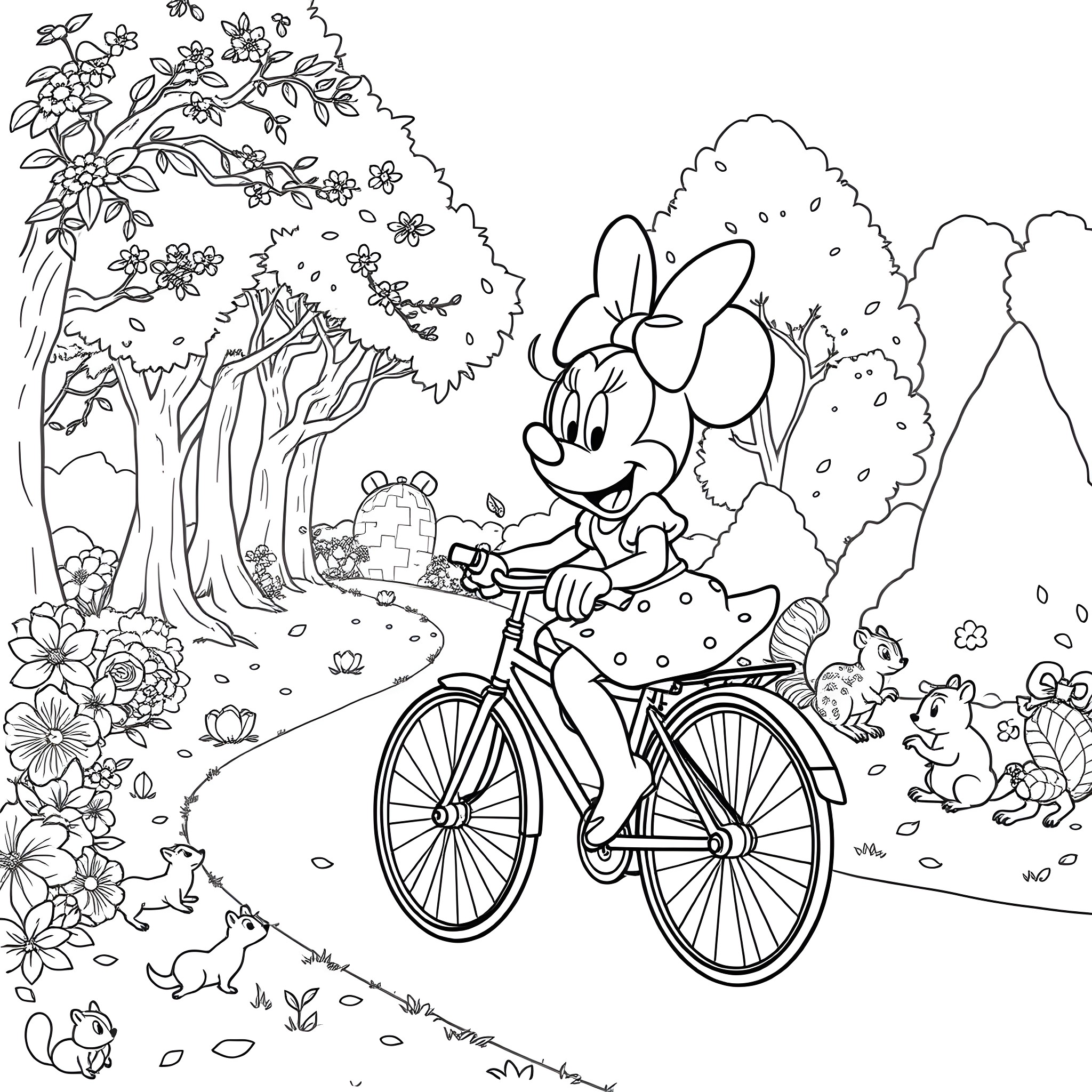 Minnie Mouse riding a bicycle in a floral forest Coloring Page (free black-and-white line drawing printable PDF for all, from beginners to advanced learners, including children, teens, adults, and seniors)