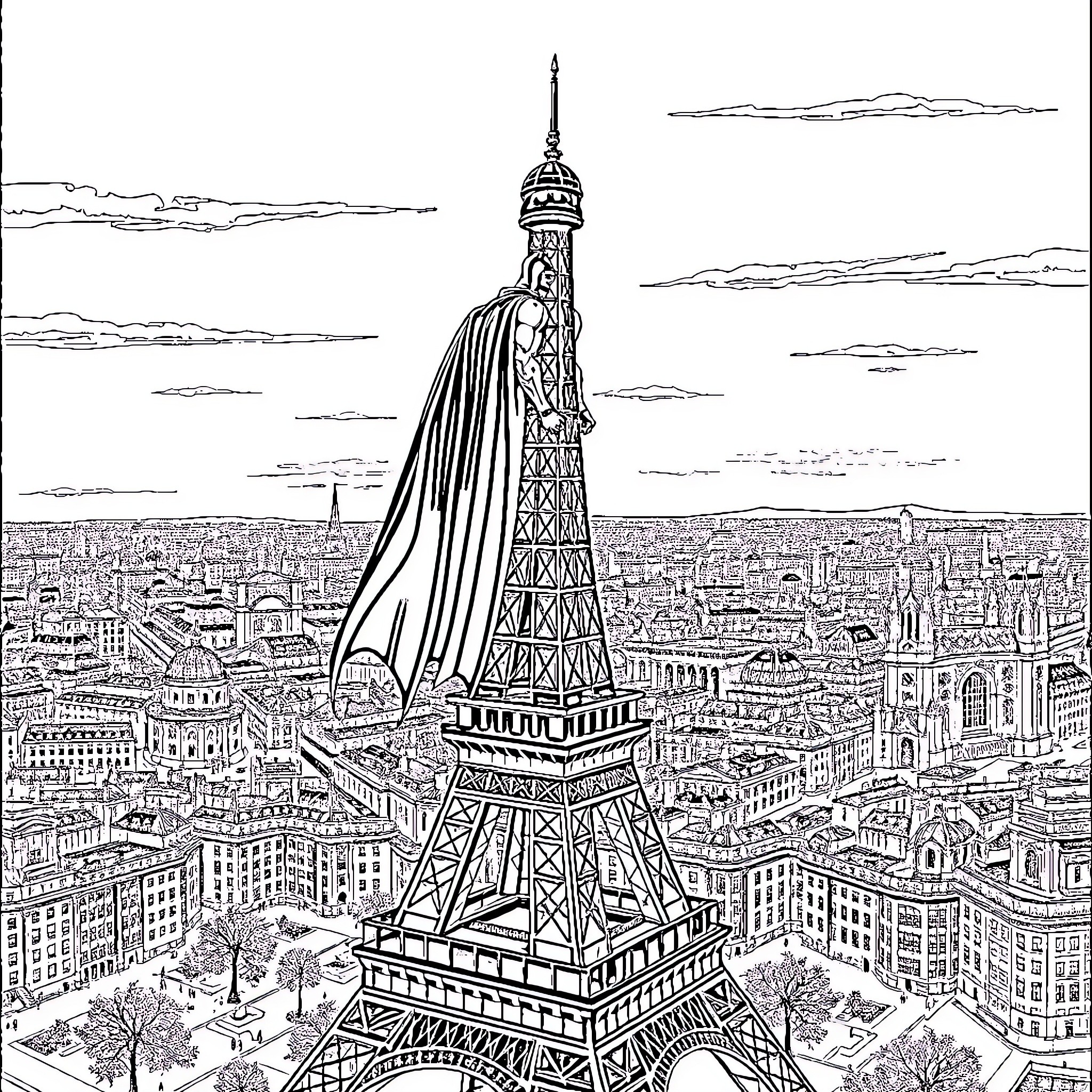 Batman overlooking the Eiffel Tower in Paris Coloring Page (free black-and-white line drawing printable PDF for all, from beginners to advanced learners, including children, teens, adults, and seniors)