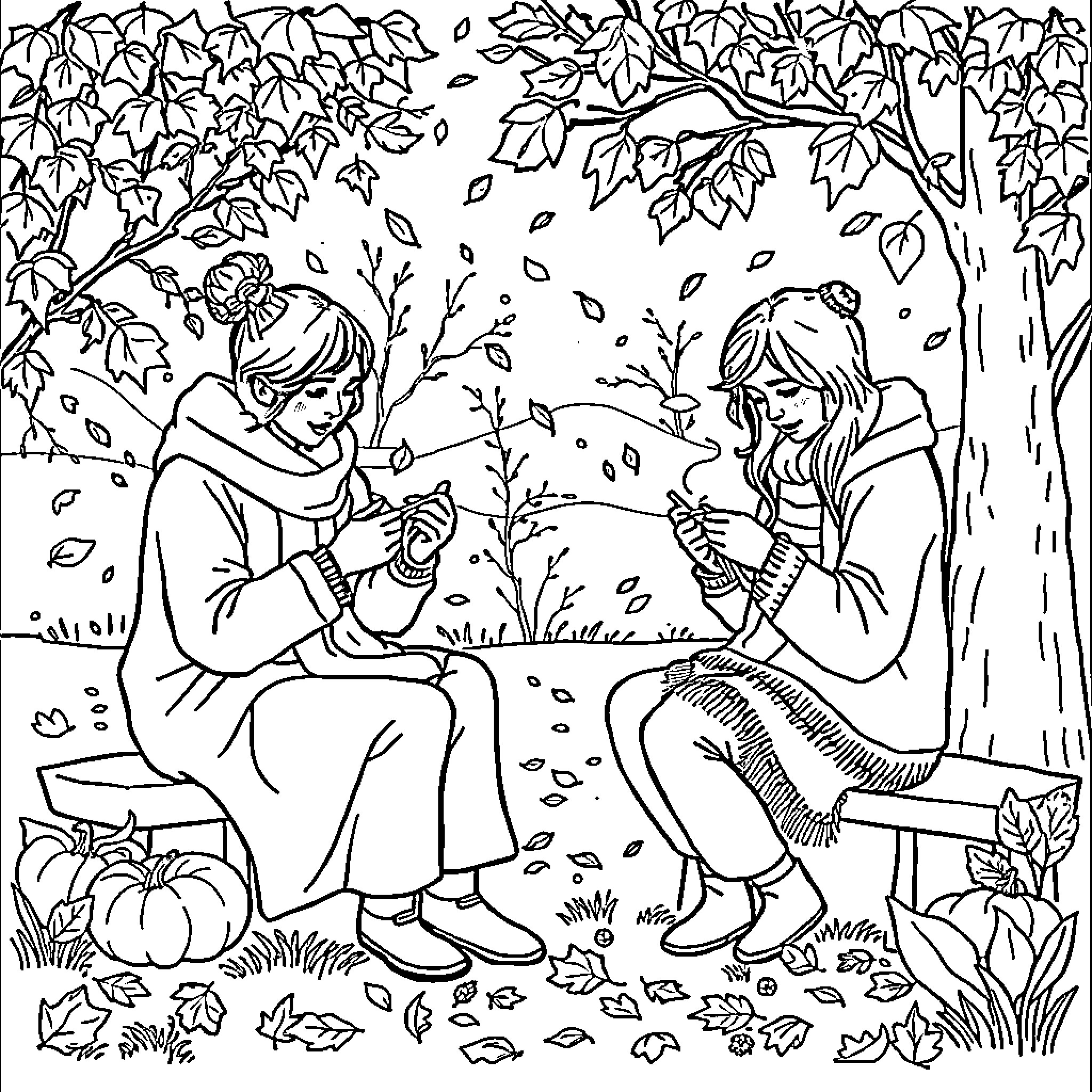 Knitting together in autumn's embrace Coloring Page (free black-and-white line drawing printable PDF for all, from beginners to advanced learners, including children, teens, adults, and seniors)