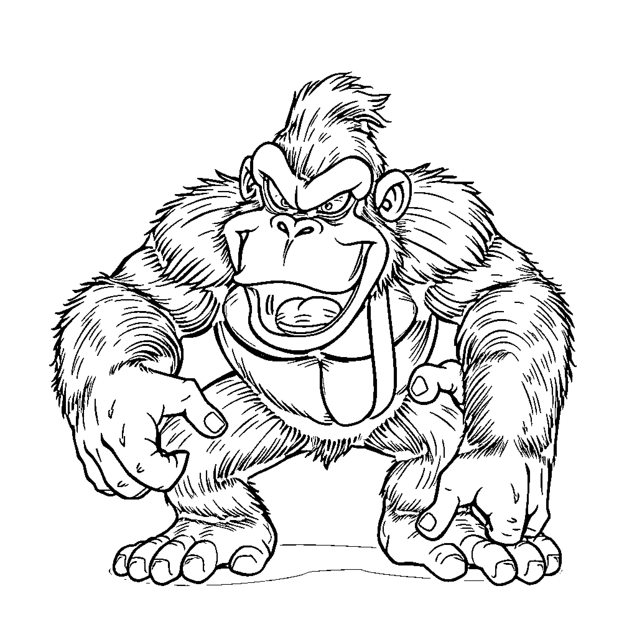 Ape displaying angry expression with clenched fists Coloring Page (free black-and-white line drawing printable PDF for all, from beginners to advanced learners, including children, teens, adults, and seniors)