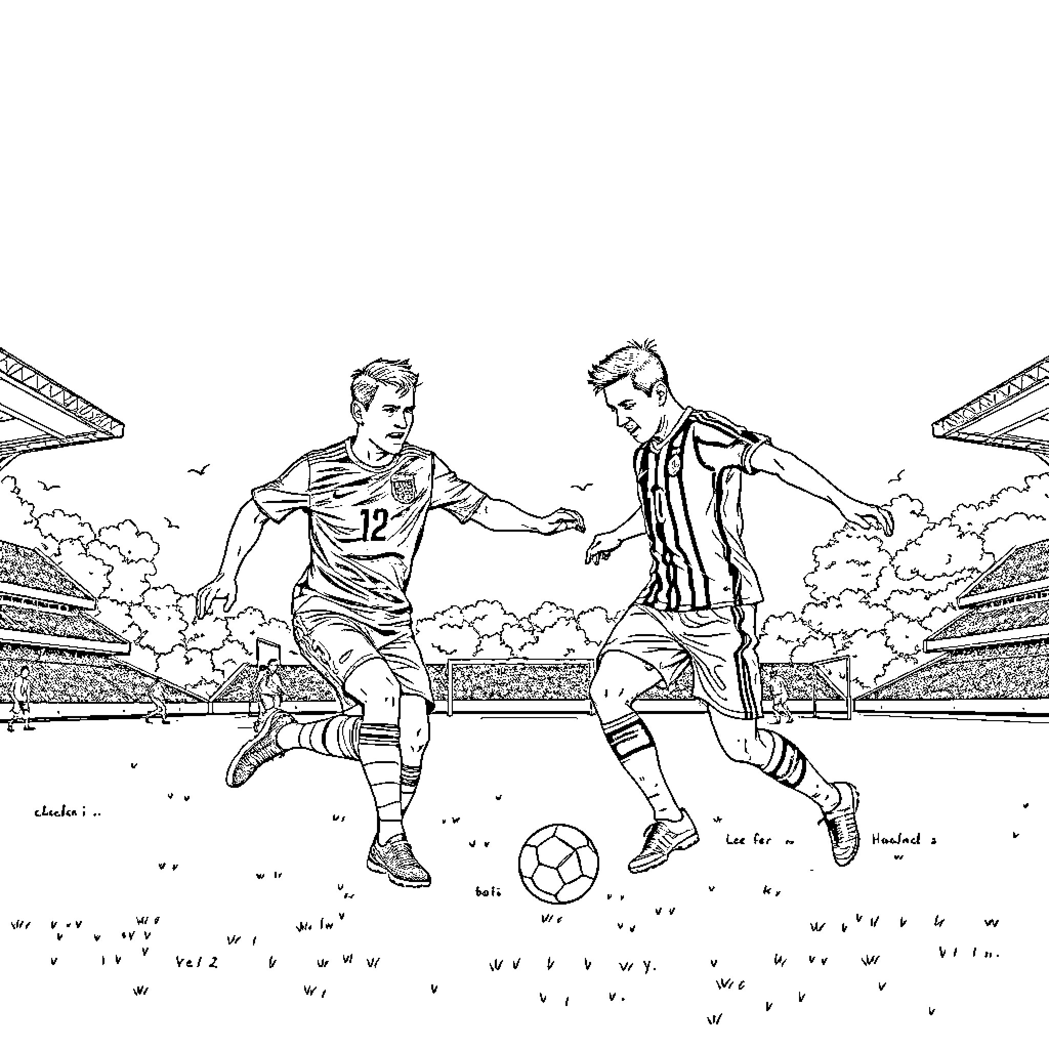 Soccer players competing intensely on the field Coloring Page (free black-and-white line drawing printable PDF for all, from beginners to advanced learners, including children, teens, adults, and seniors)
