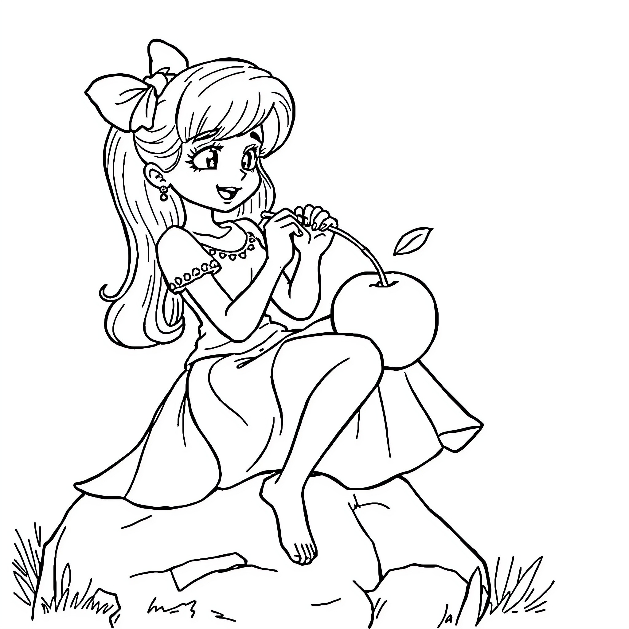 Snow White enjoying a delightful apple outdoors Coloring Page (free black-and-white line drawing printable PDF for all, from beginners to advanced learners, including children, teens, adults, and seniors)